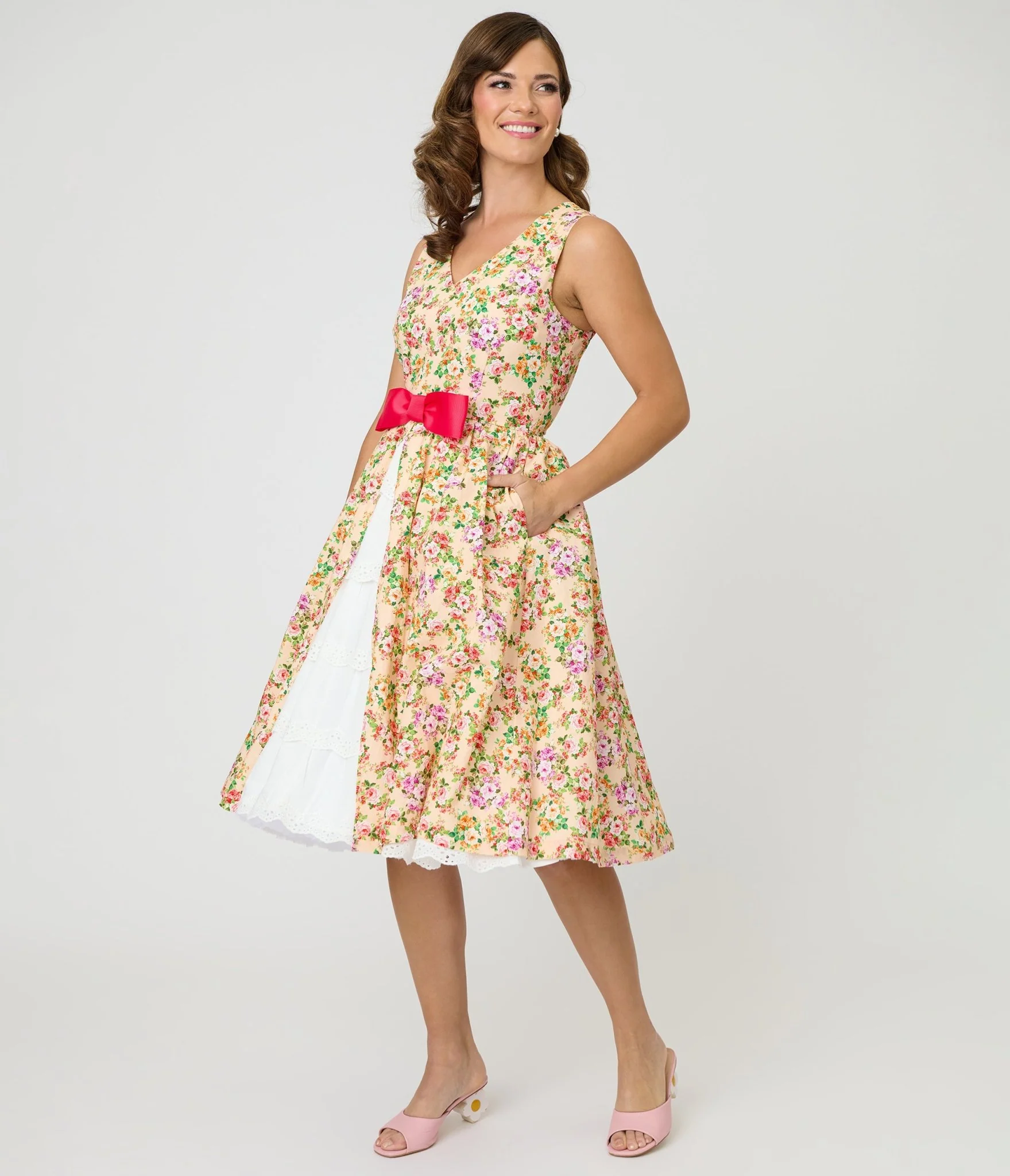 Unique Vintage Beige Floral Print Garden Party Swing Dress - Image 3