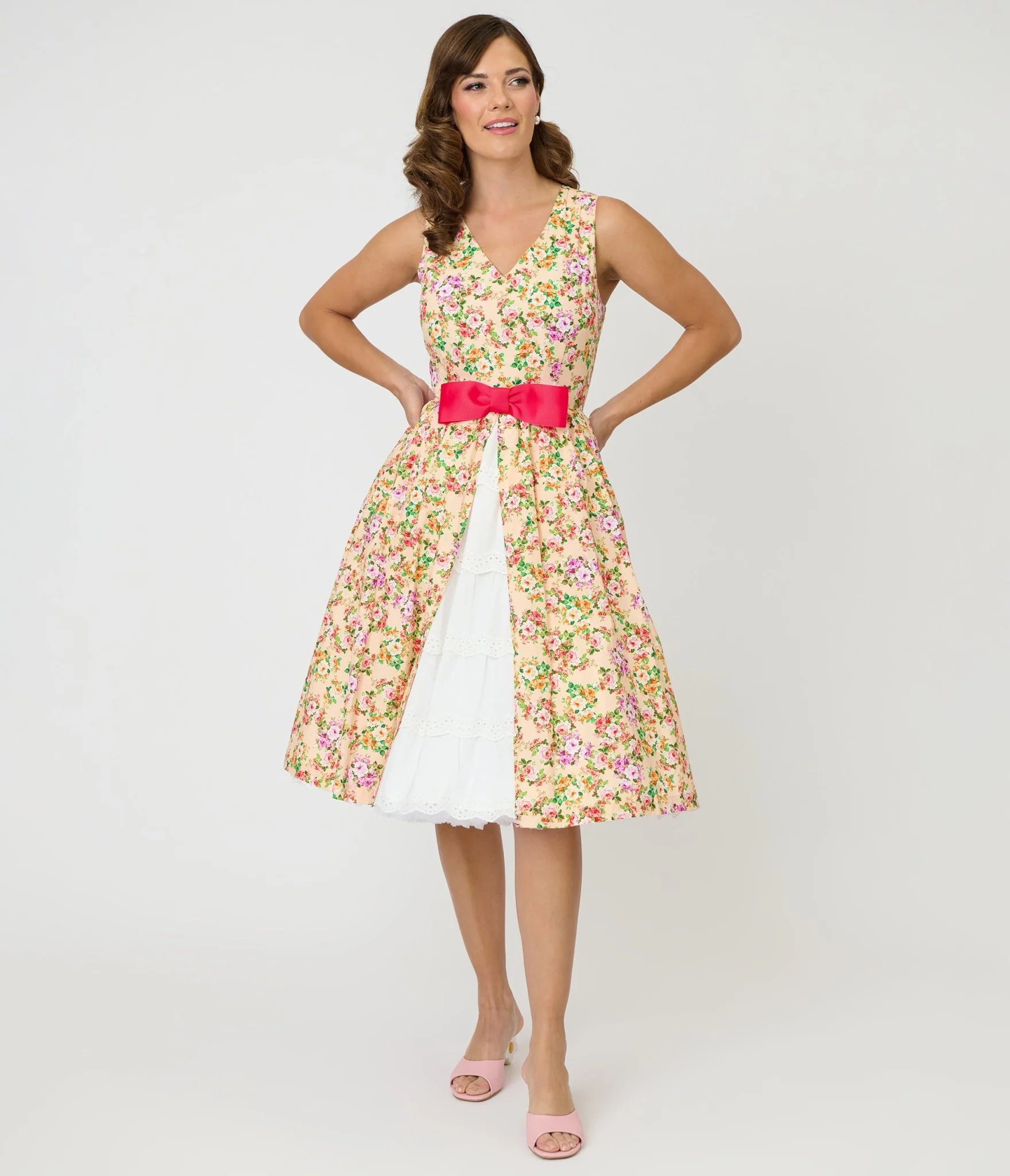 Unique Vintage Beige Floral Print Garden Party Swing Dress - Image 4