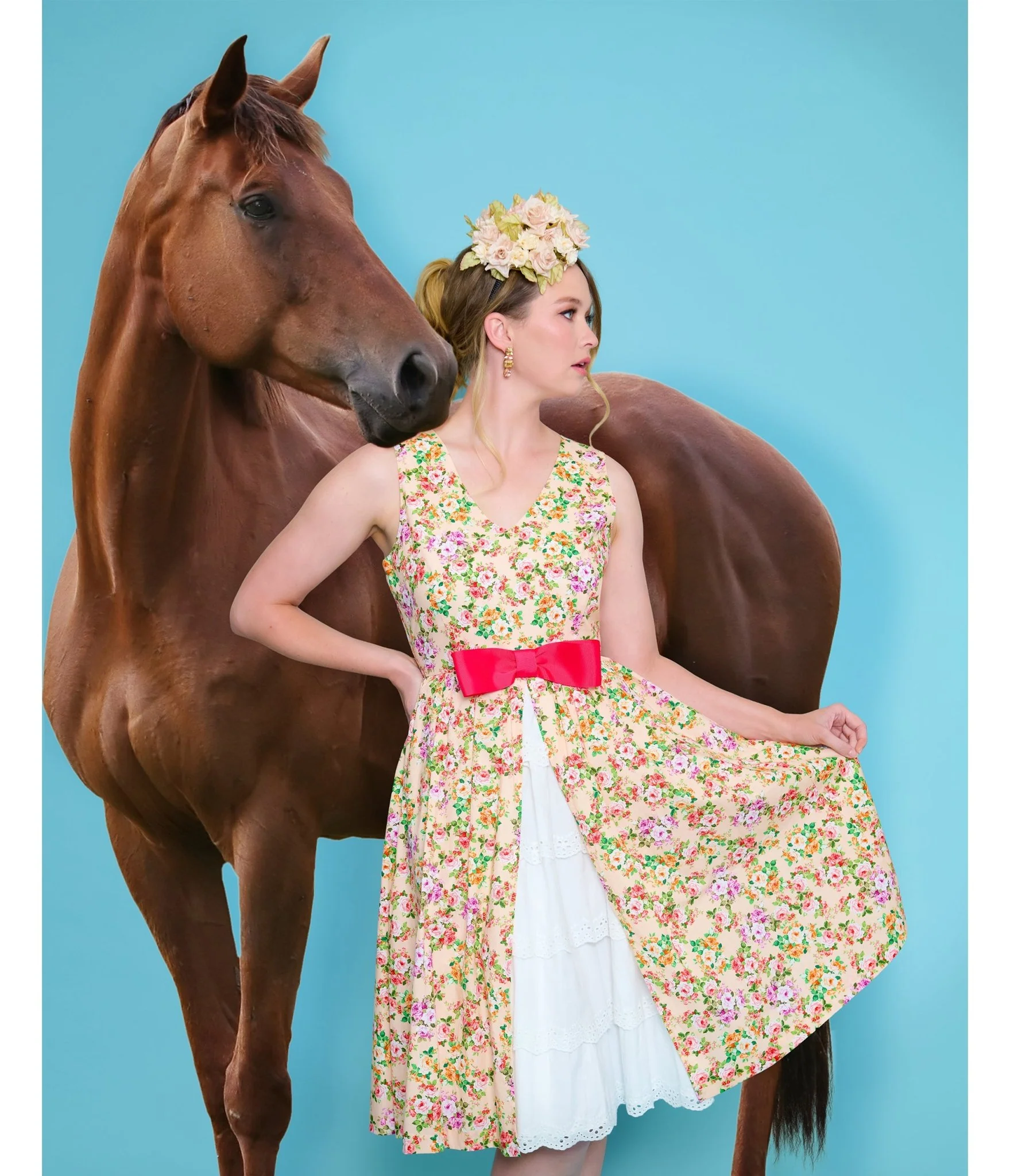 Unique Vintage Beige Floral Print Garden Party Swing Dress - Image 5