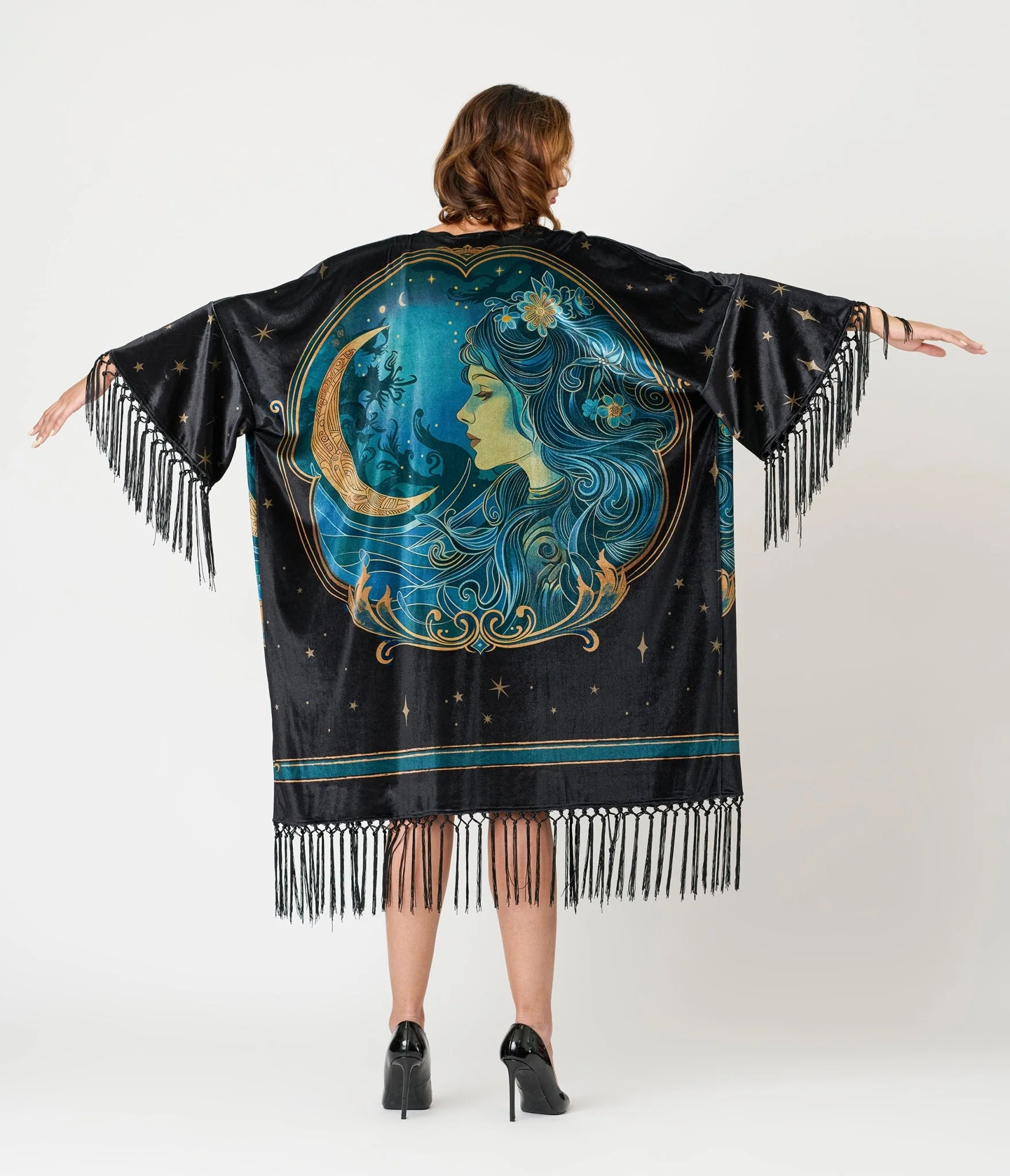 Unique Vintage Black Art Nouveau Fringe Kimono