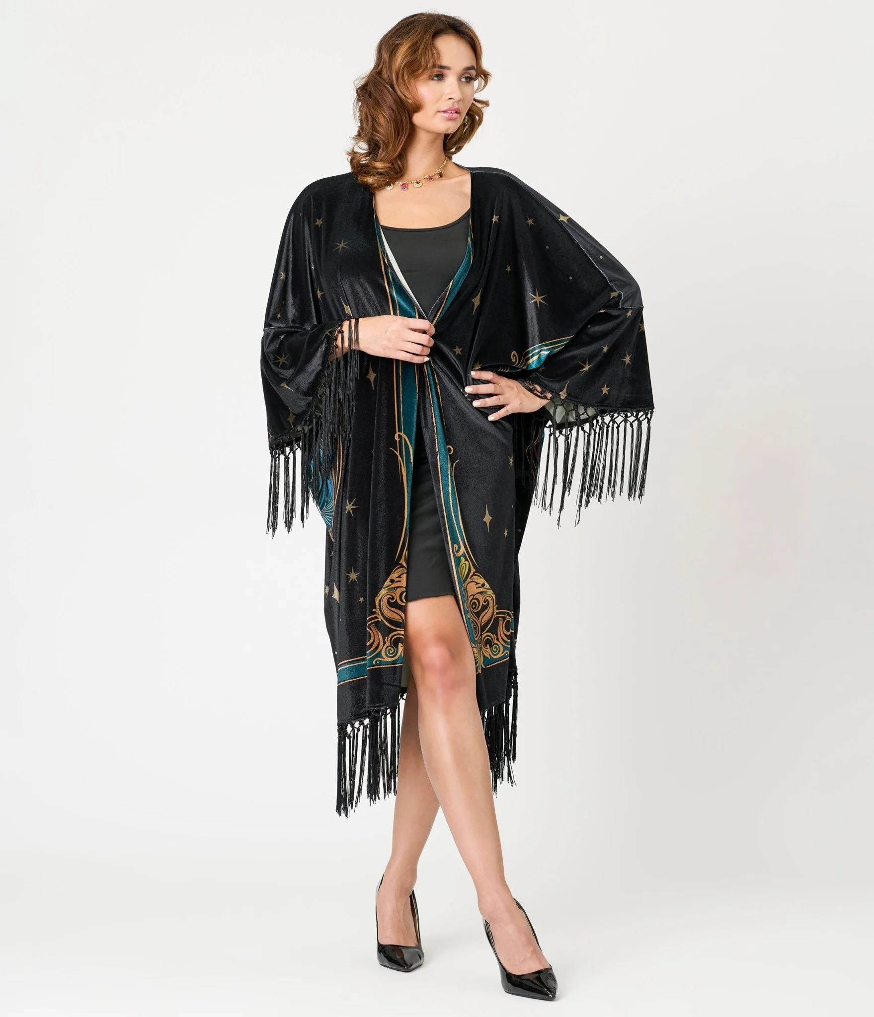 Unique Vintage Black Art Nouveau Fringe Kimono - Image 2