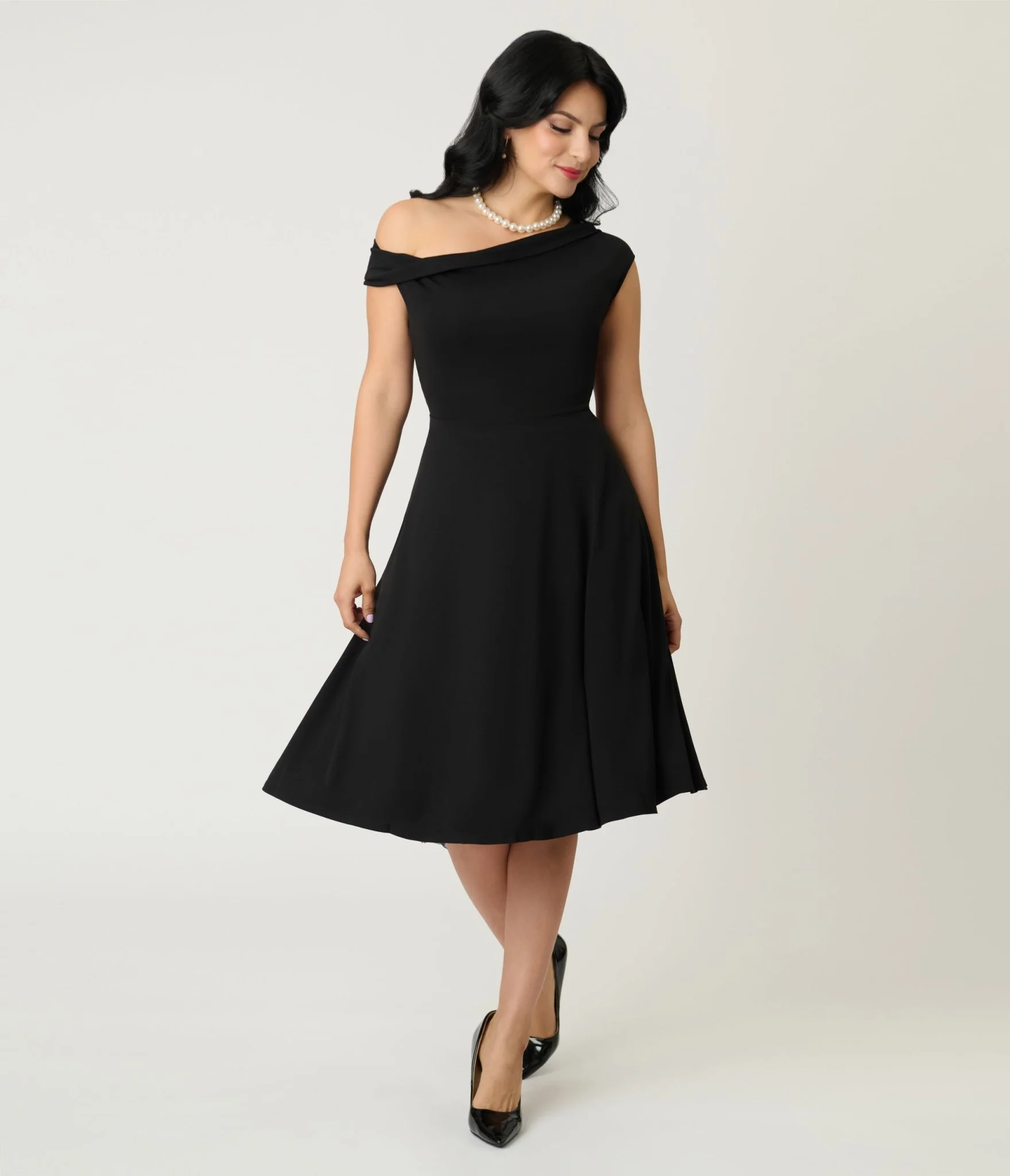 Unique Vintage Black Asymmetrical Neck Swing Dress - Image 3