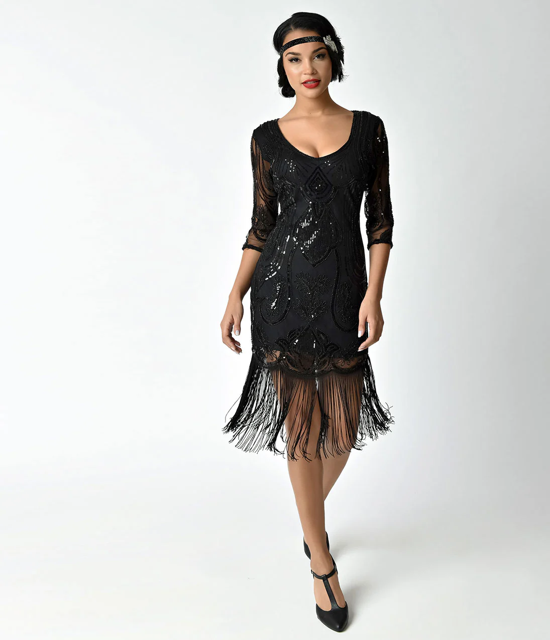 Unique Vintage 1920s Black Beaded & Sequin Margaux Sleeved Fringe Cocktail Dress - Image 3