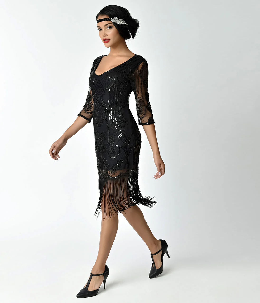 Unique Vintage 1920s Black Beaded & Sequin Margaux Sleeved Fringe Cocktail Dress - Image 4