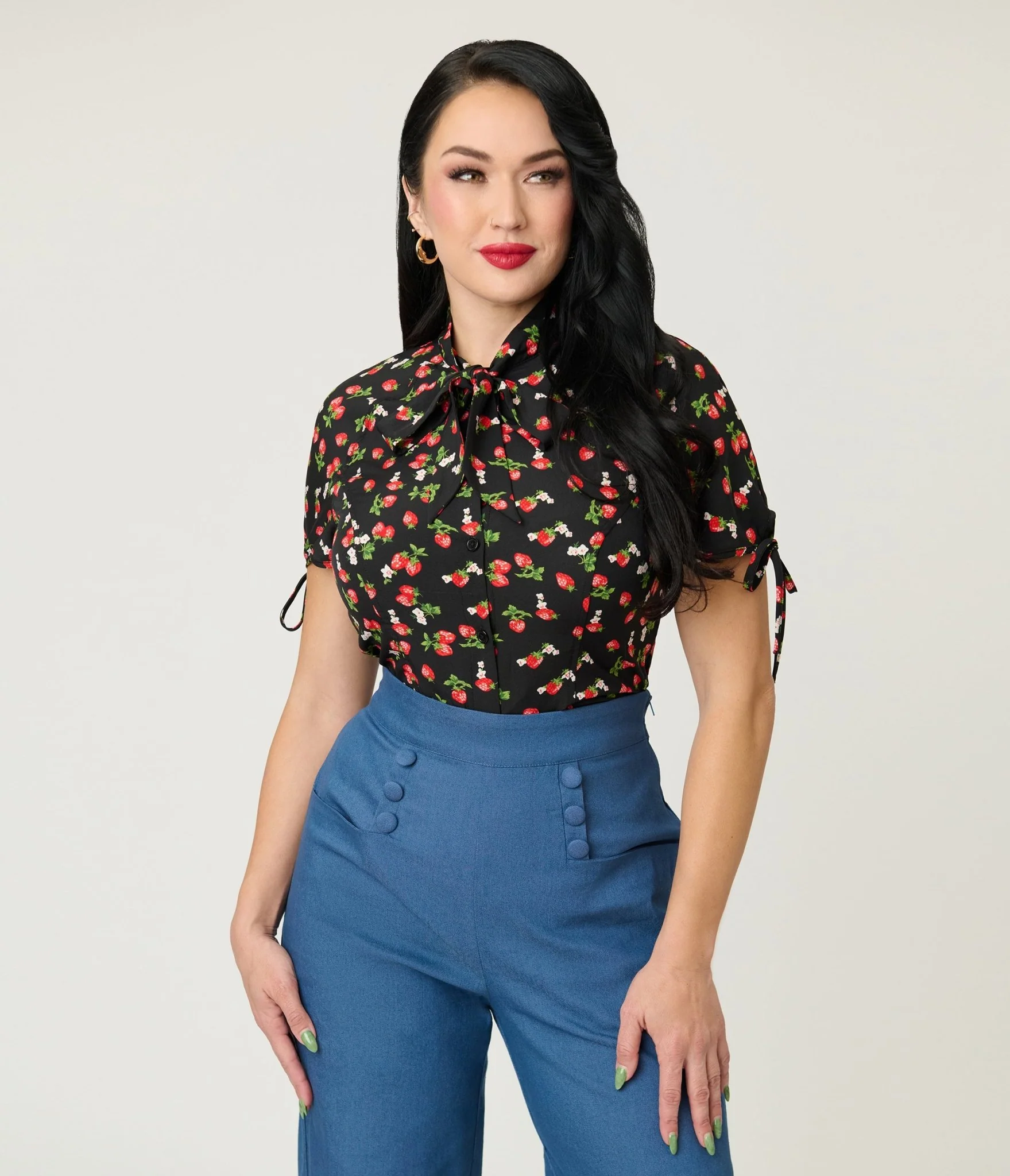 Unique Vintage Black & Berries Print Chita Blouse