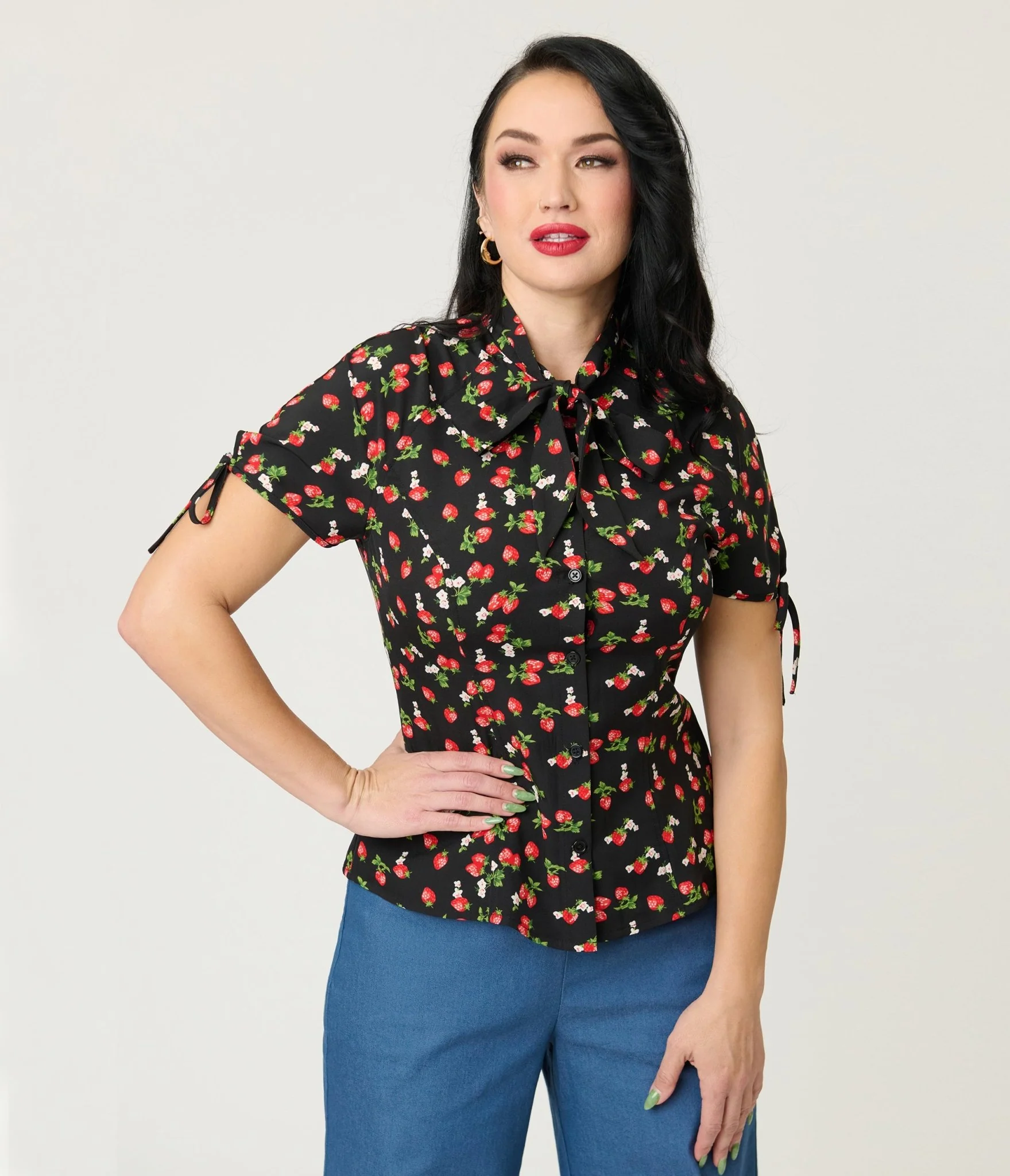 Unique Vintage Black & Berries Print Chita Blouse - Image 3