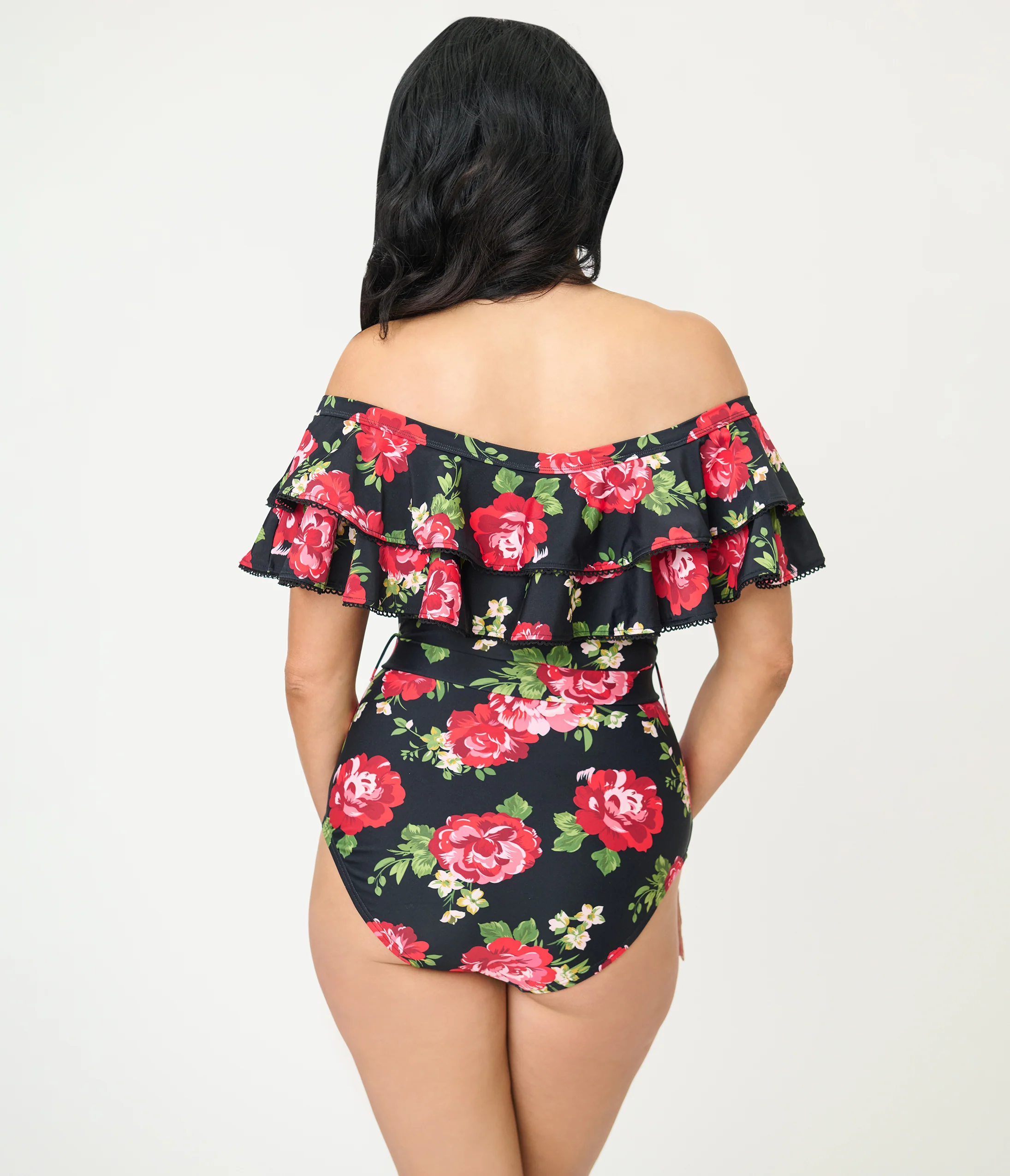 Unique Vintage Black Cabbage Roses Off Shoulder Nantucket Swimsuit - Image 2