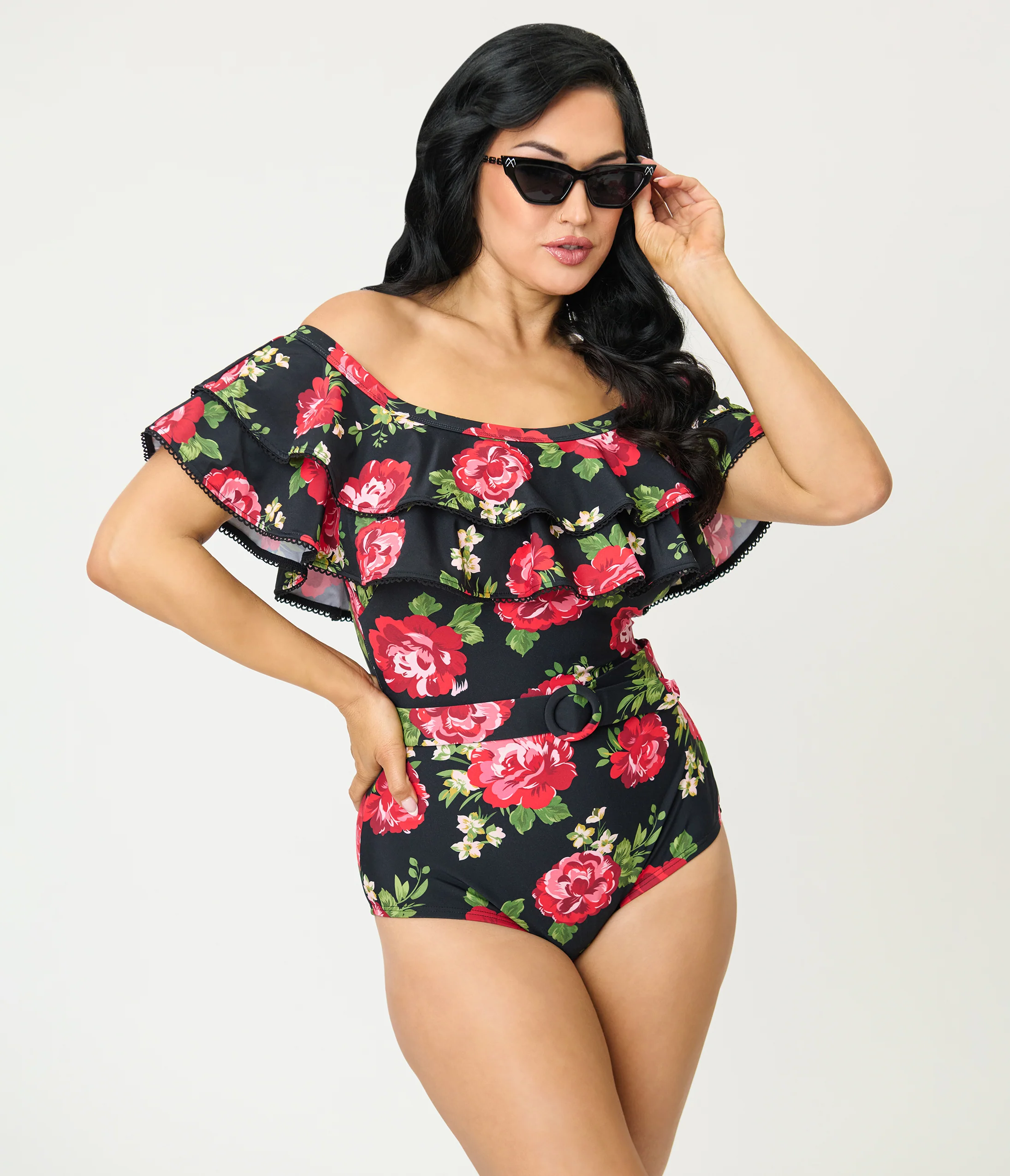 Unique Vintage Black Cabbage Roses Off Shoulder Nantucket Swimsuit - Image 3