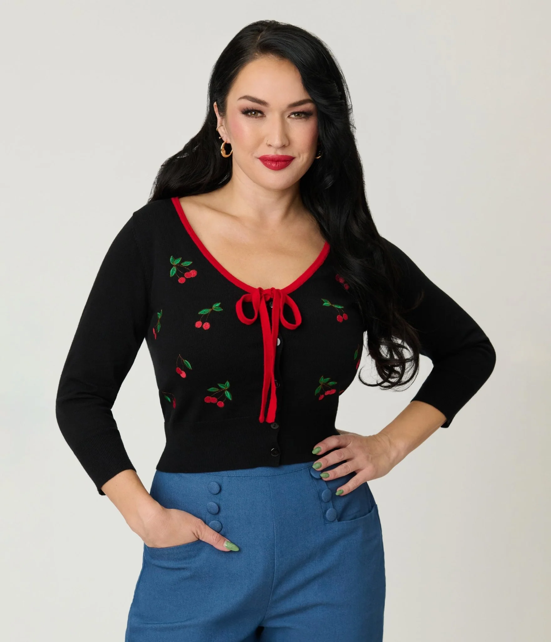 Unique Vintage Black & Cherries Cardigan - Image 3