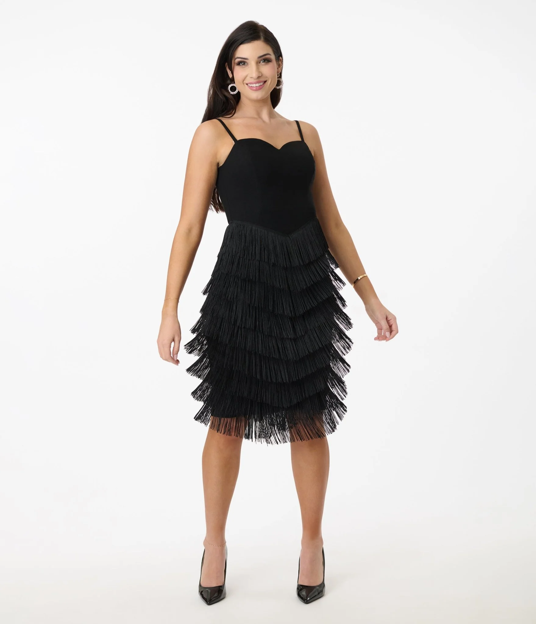 Unique Vintage Black Chevron Fringe Pencil Dress