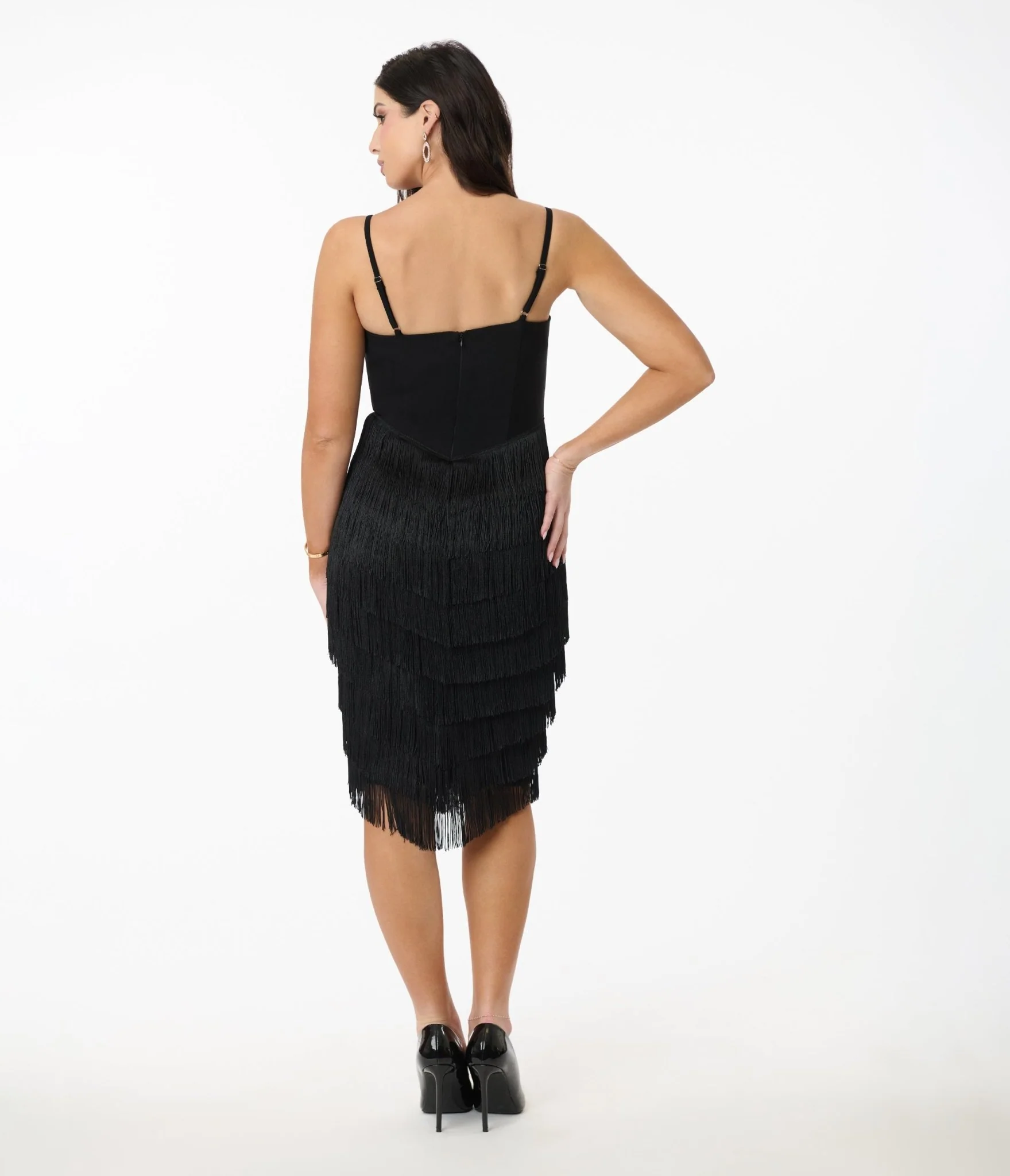 Unique Vintage Black Chevron Fringe Pencil Dress - Image 3
