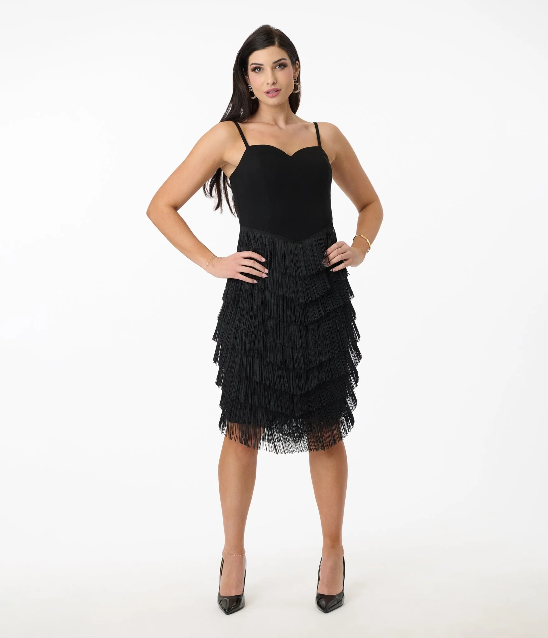 Unique Vintage Black Chevron Fringe Pencil Dress - Image 4