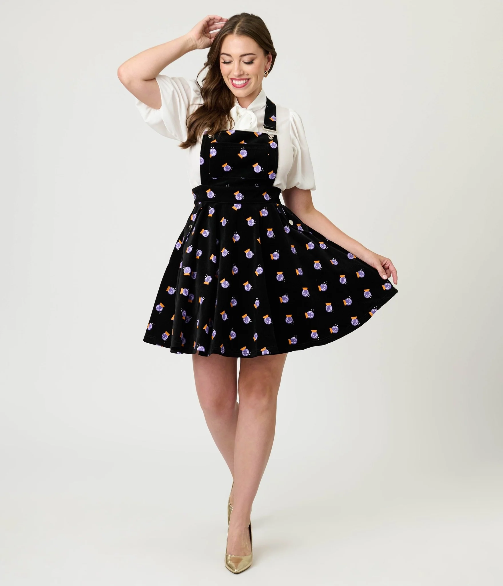 Unique Vintage Black & Crystal Ball Print Corduroy Brionne Pinafore Skirt - Image 3