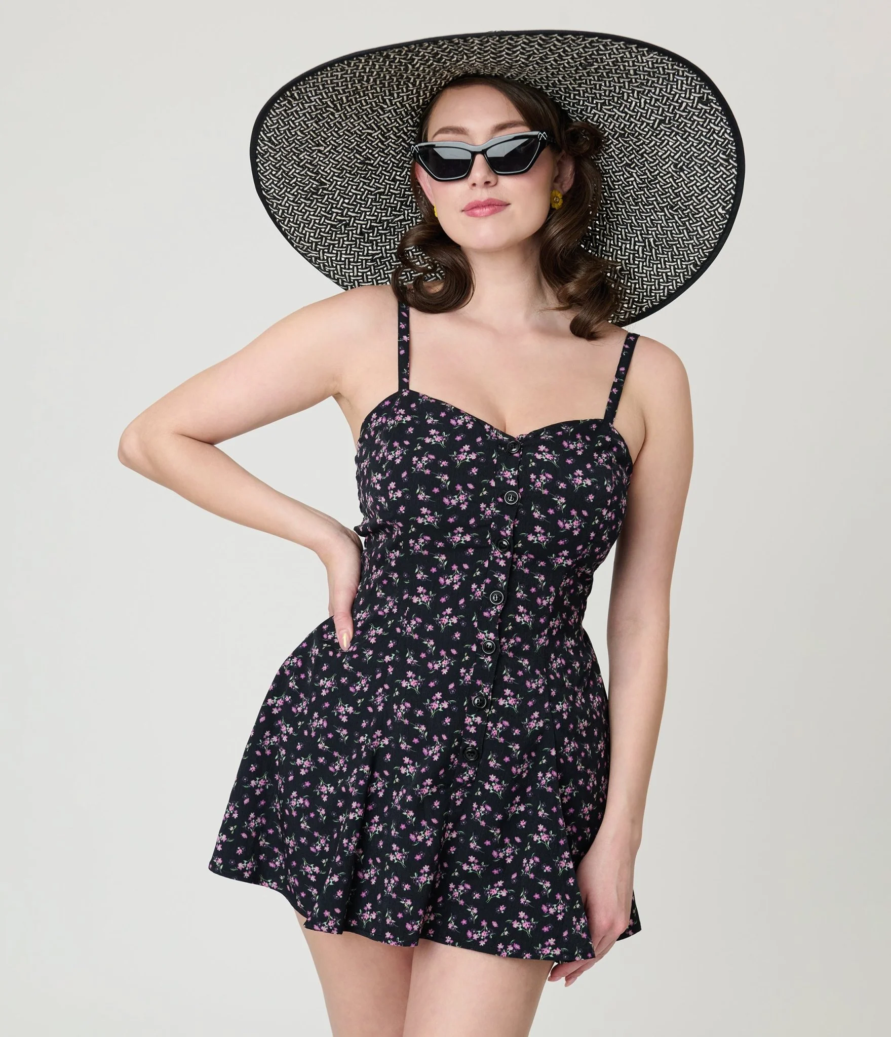 Unique Vintage Black Ditzy Floral Sweetheart Skirted Romper