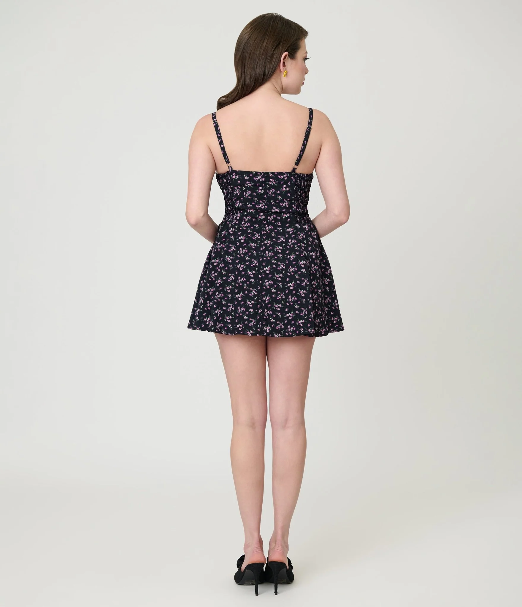 Unique Vintage Black Ditzy Floral Sweetheart Skirted Romper - Image 2