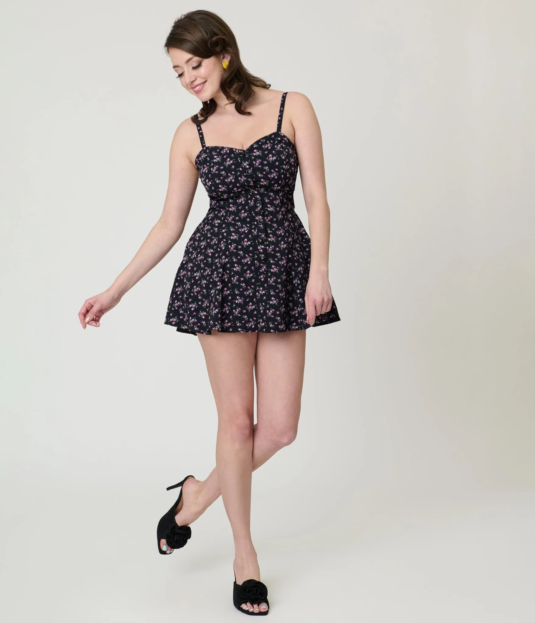 Unique Vintage Black Ditzy Floral Sweetheart Skirted Romper - Image 4