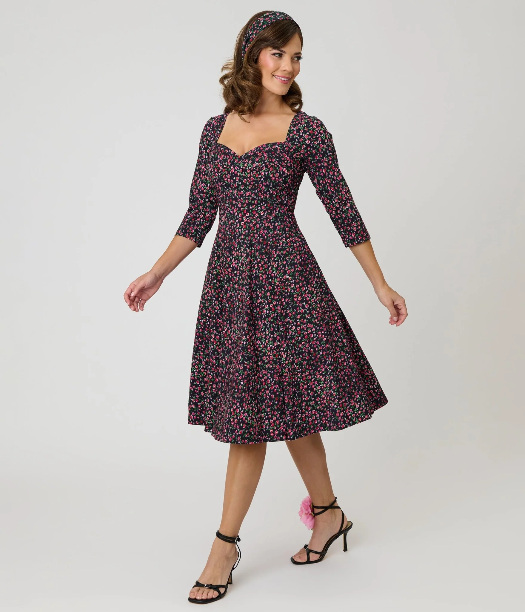 Unique Vintage Black Ditzy Rose Pleated Bust Swing Dress