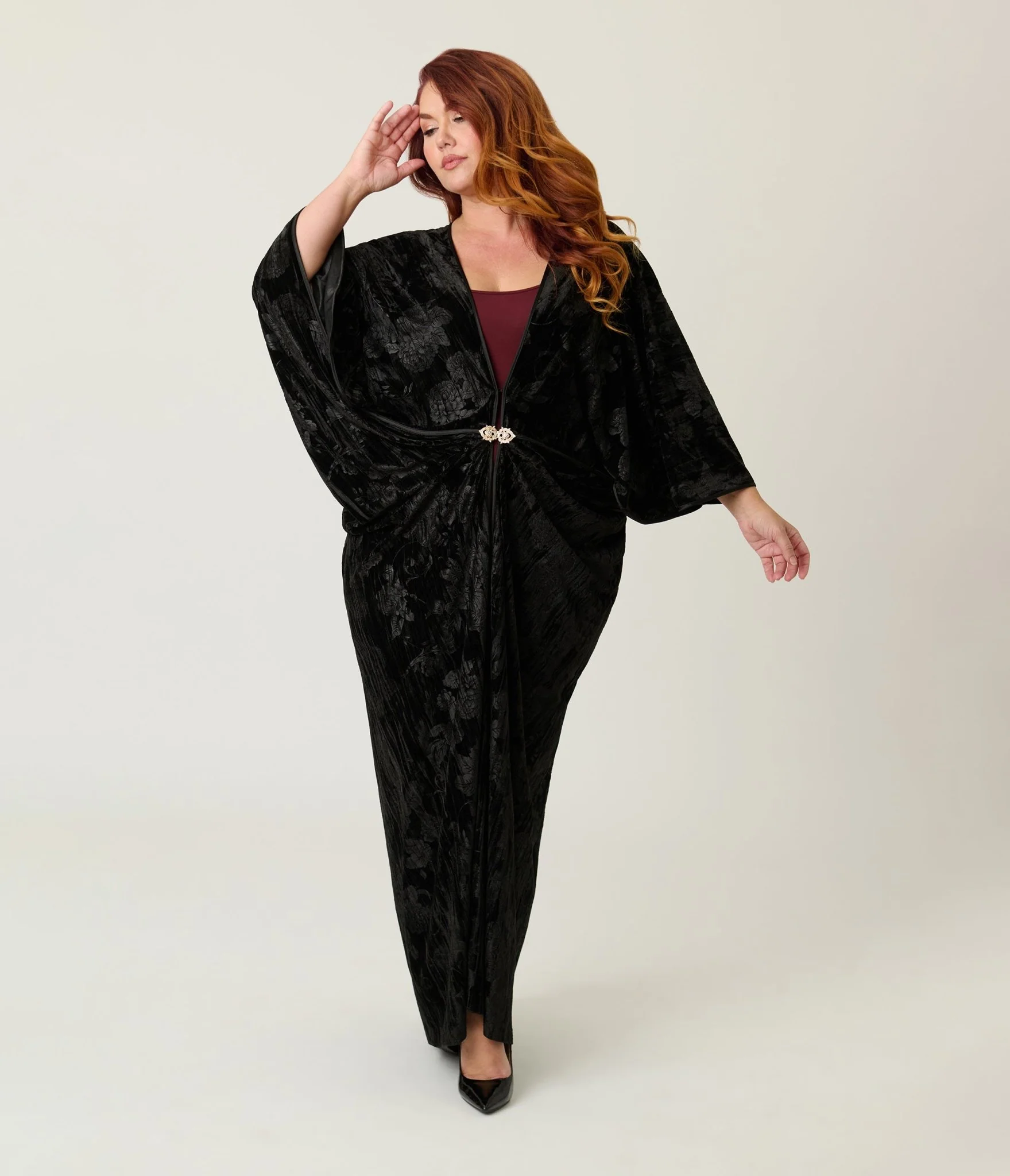 Unique Vintage Black Floral Embossed Velvet Long Kimono