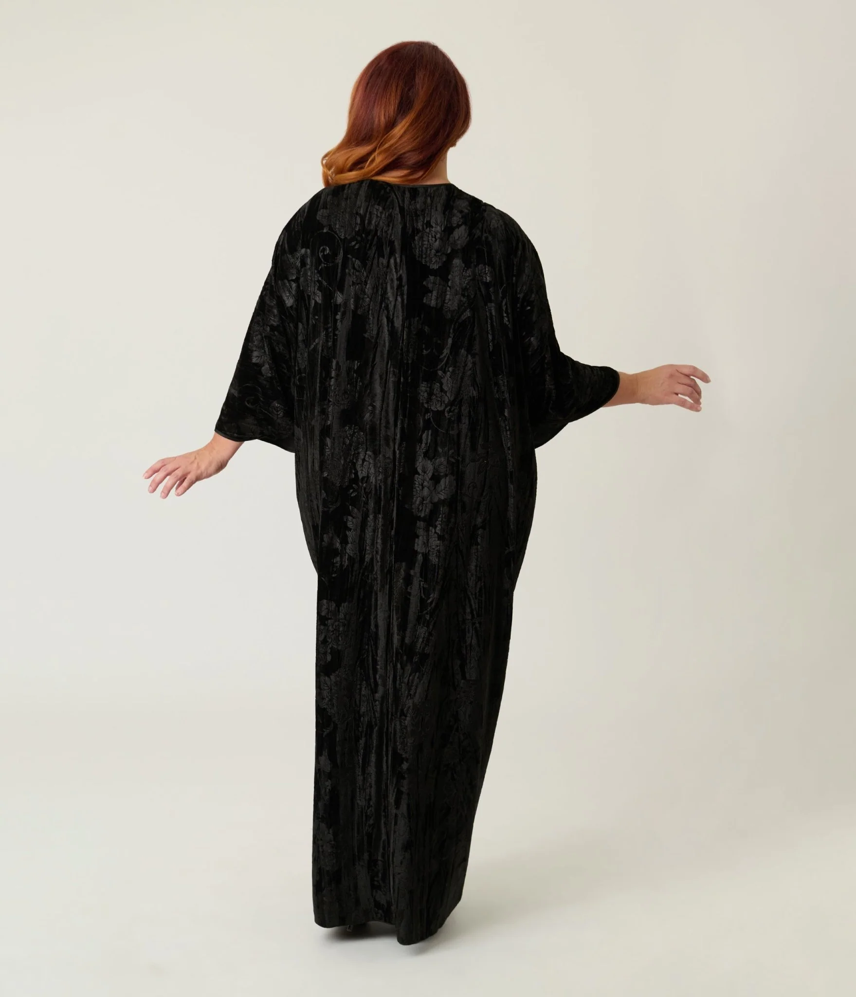Unique Vintage Black Floral Embossed Velvet Long Kimono - Image 2