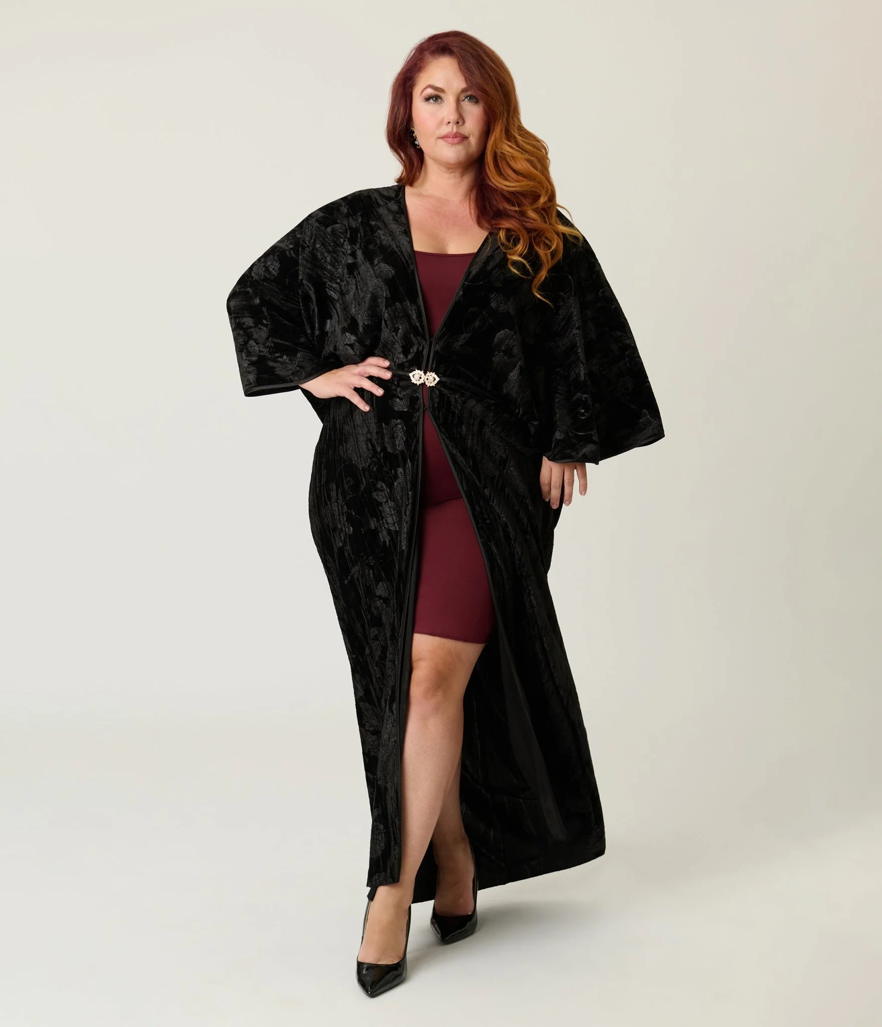 Unique Vintage Black Floral Embossed Velvet Long Kimono - Image 3