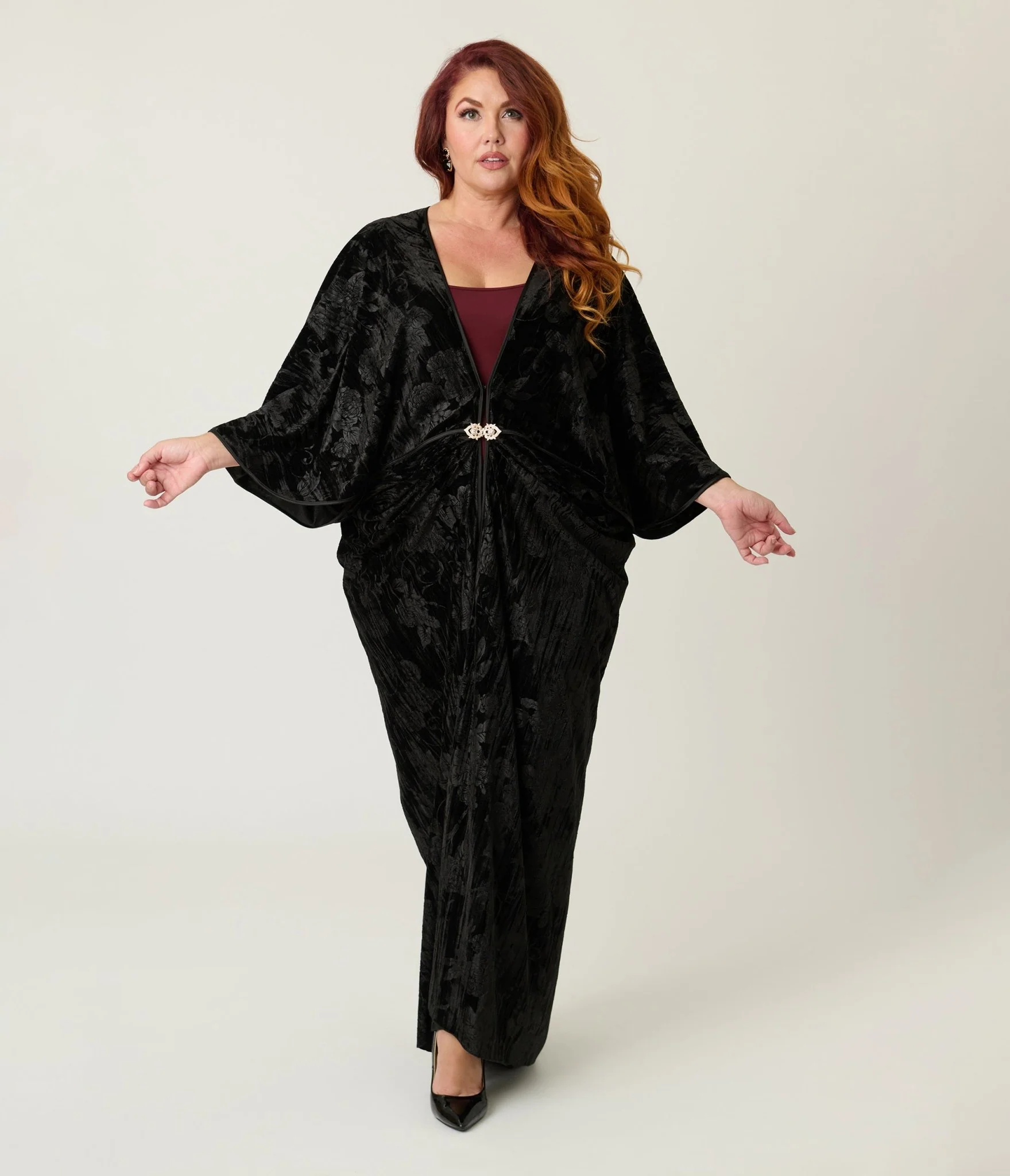 Unique Vintage Black Floral Embossed Velvet Long Kimono - Image 4