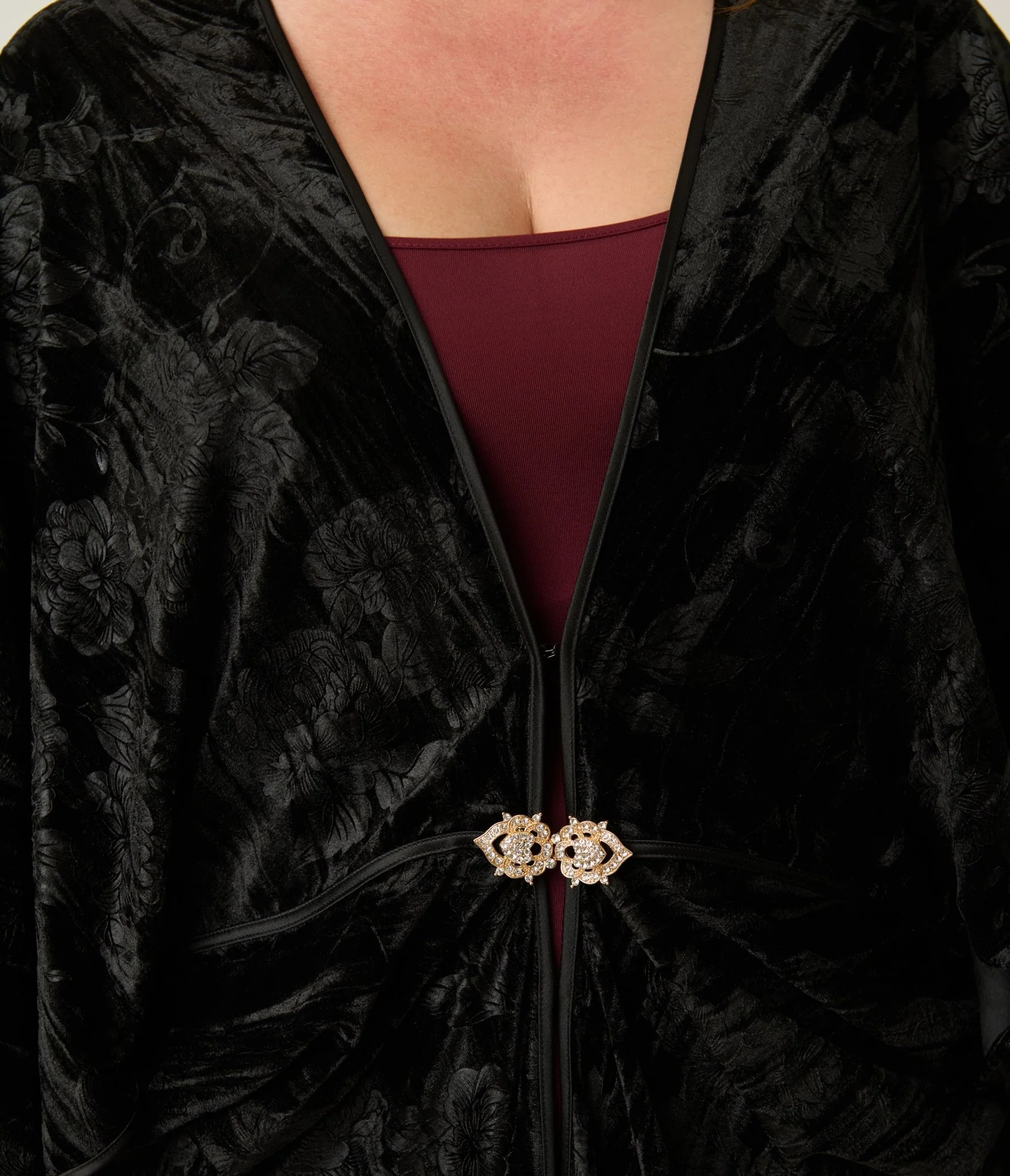 Unique Vintage Black Floral Embossed Velvet Long Kimono - Image 5