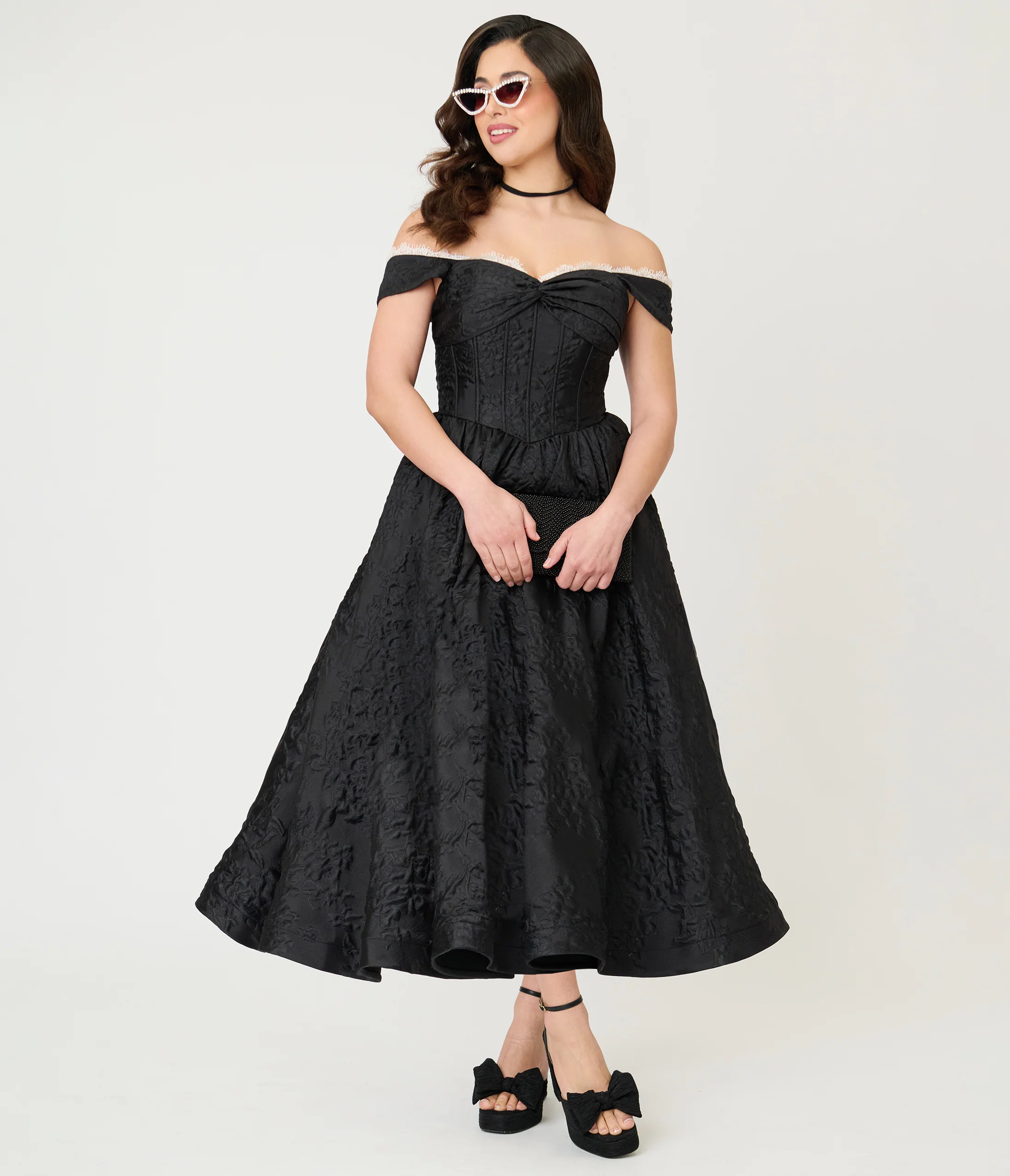 Unique Vintage Black Floral Jacquard Off Shoulder Tea Length Gown