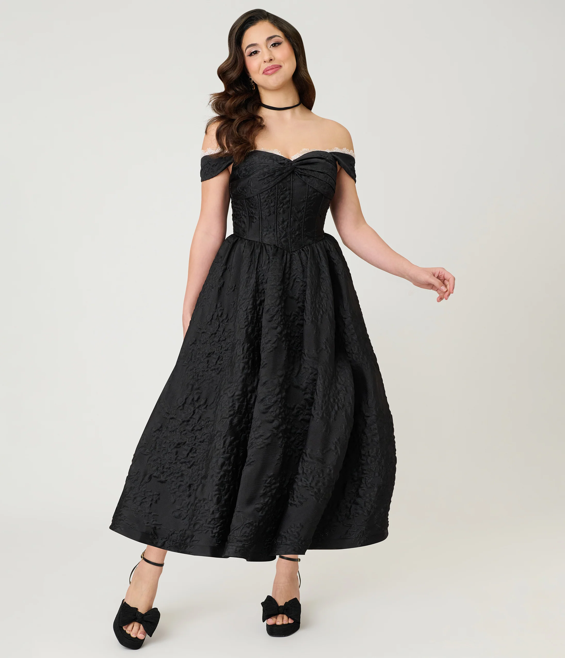 Unique Vintage Black Floral Jacquard Off Shoulder Tea Length Gown - Image 3