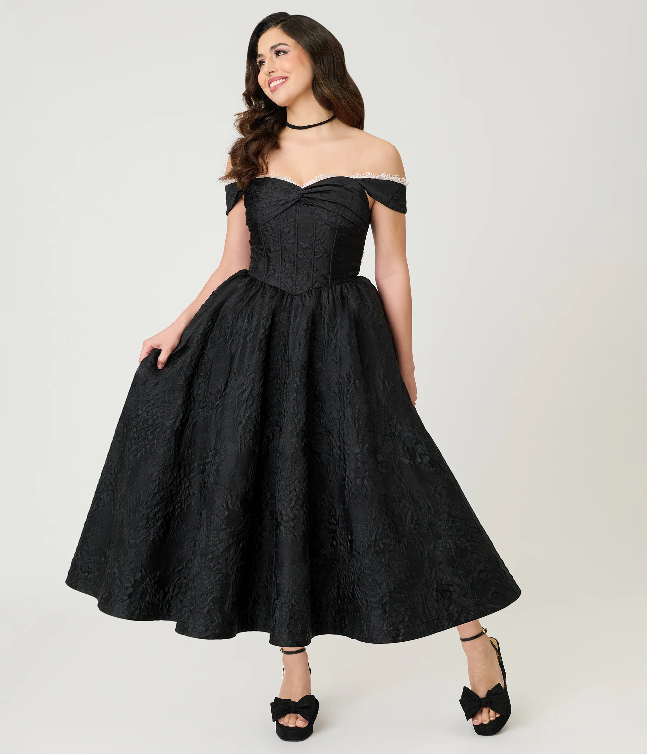Unique Vintage Black Floral Jacquard Off Shoulder Tea Length Gown - Image 4