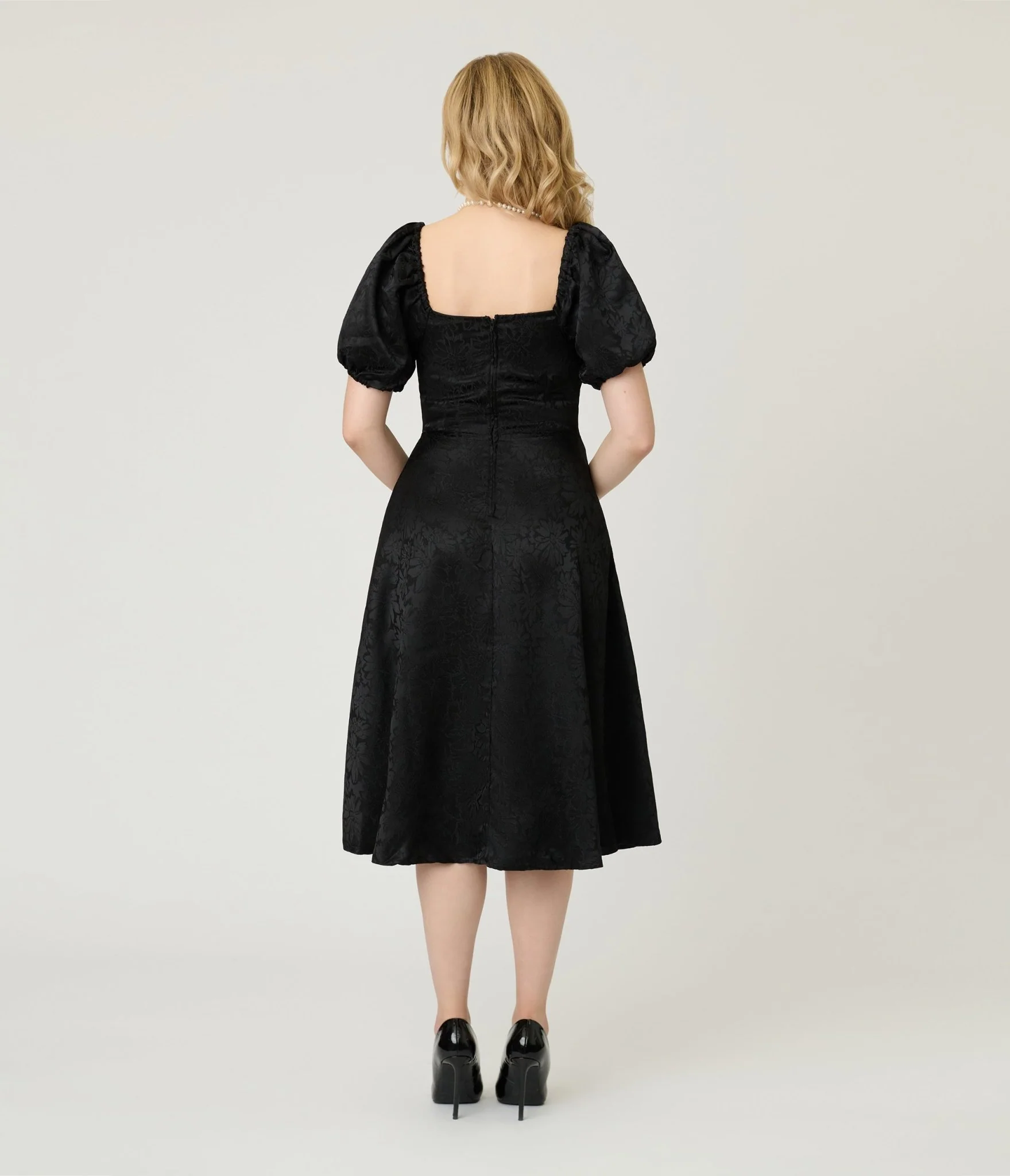 Unique Vintage Black Floral Jacquard Sweetheart Swing Dress - Image 2