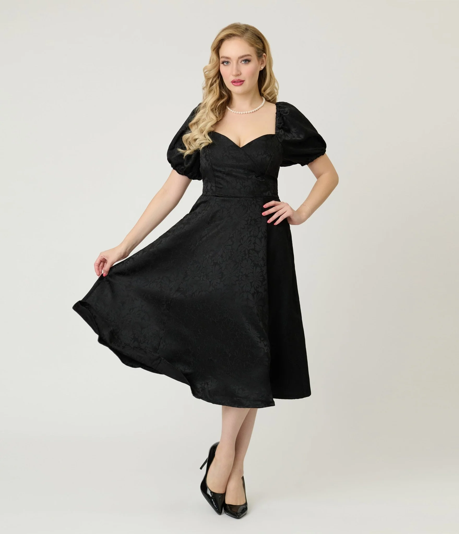 Unique Vintage Black Floral Jacquard Sweetheart Swing Dress - Image 3