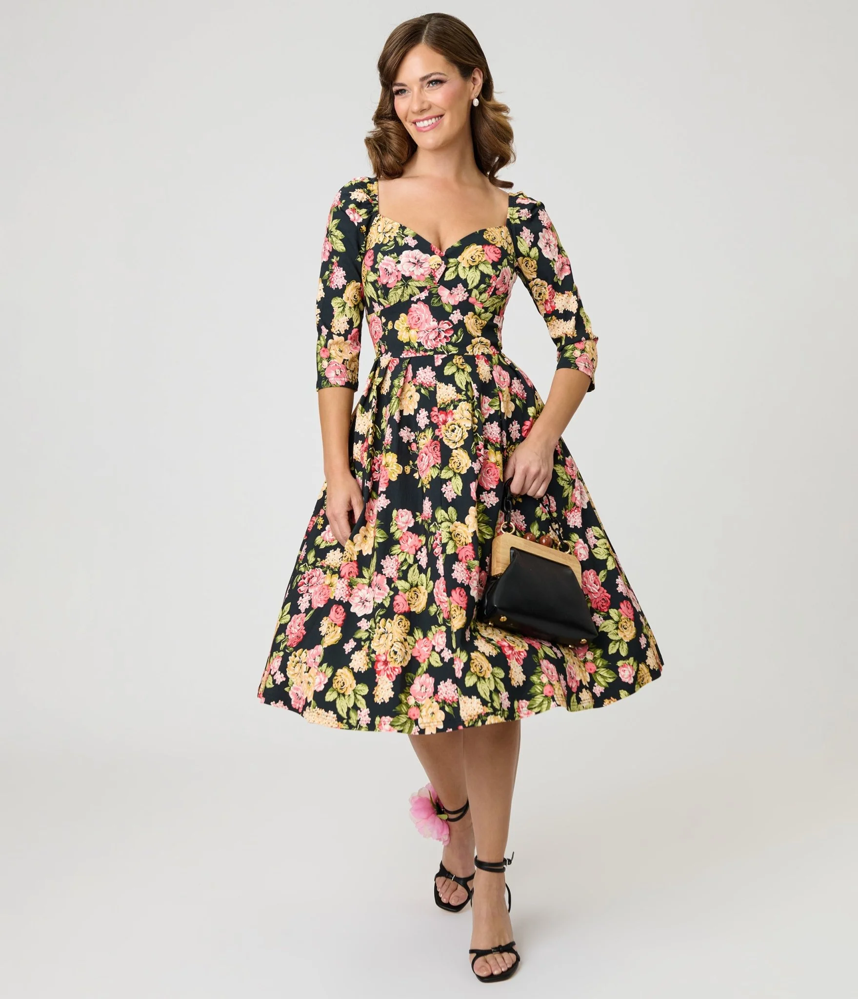 Unique Vintage Black Floral Lamar Swing Dress - Image 3
