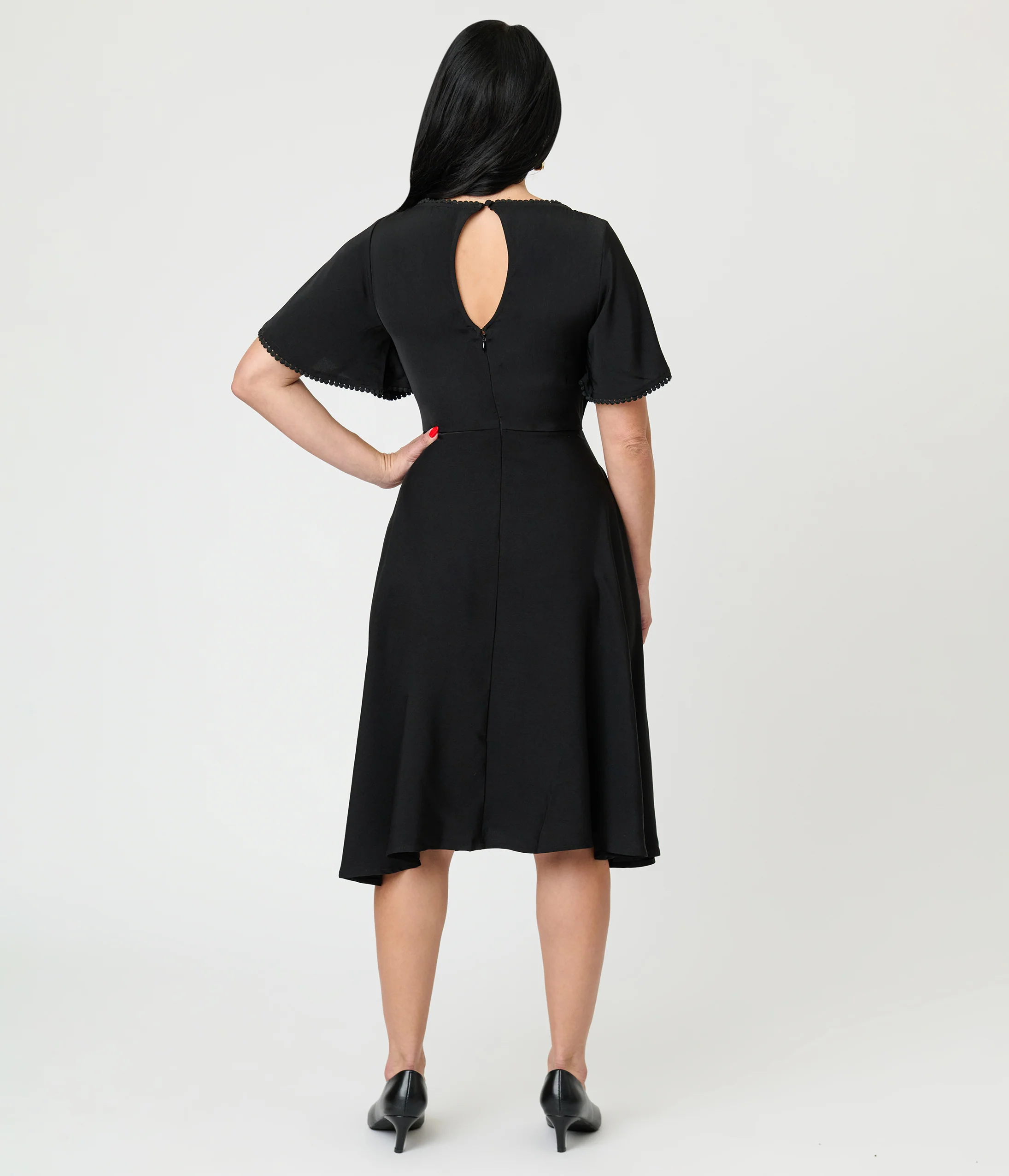 Unique Vintage Black Floral Mesh Cutout Swing Dress - Image 3