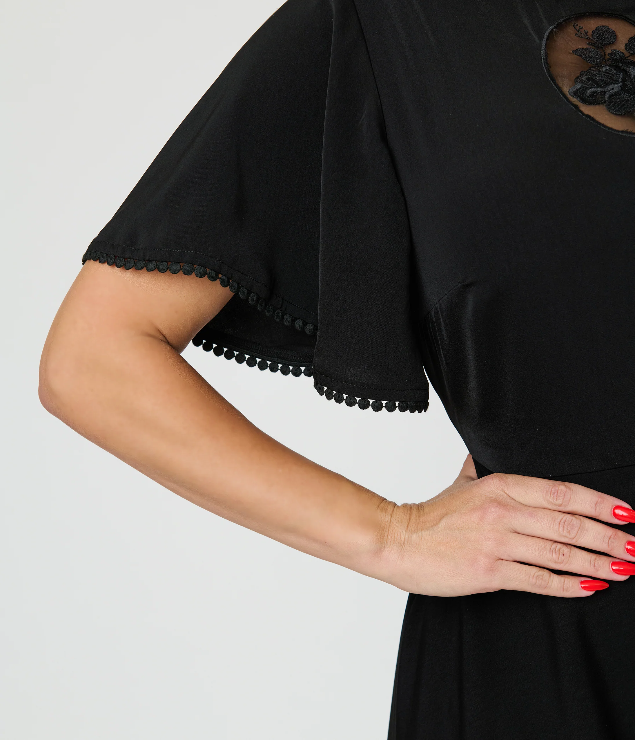 Unique Vintage Black Floral Mesh Cutout Swing Dress - Image 4