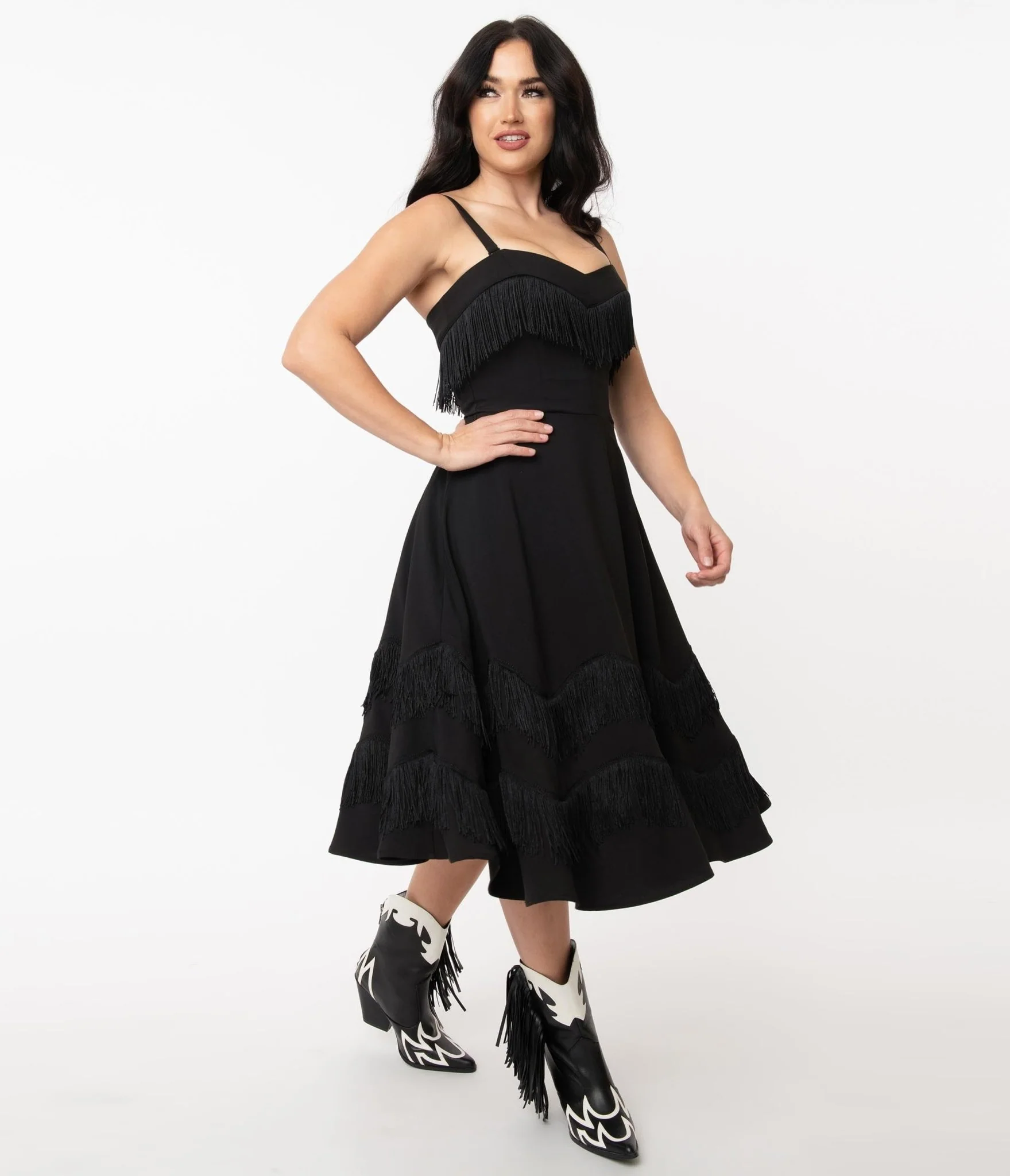 Unique Vintage Black Fringe Girlie Swing Dress - Image 3