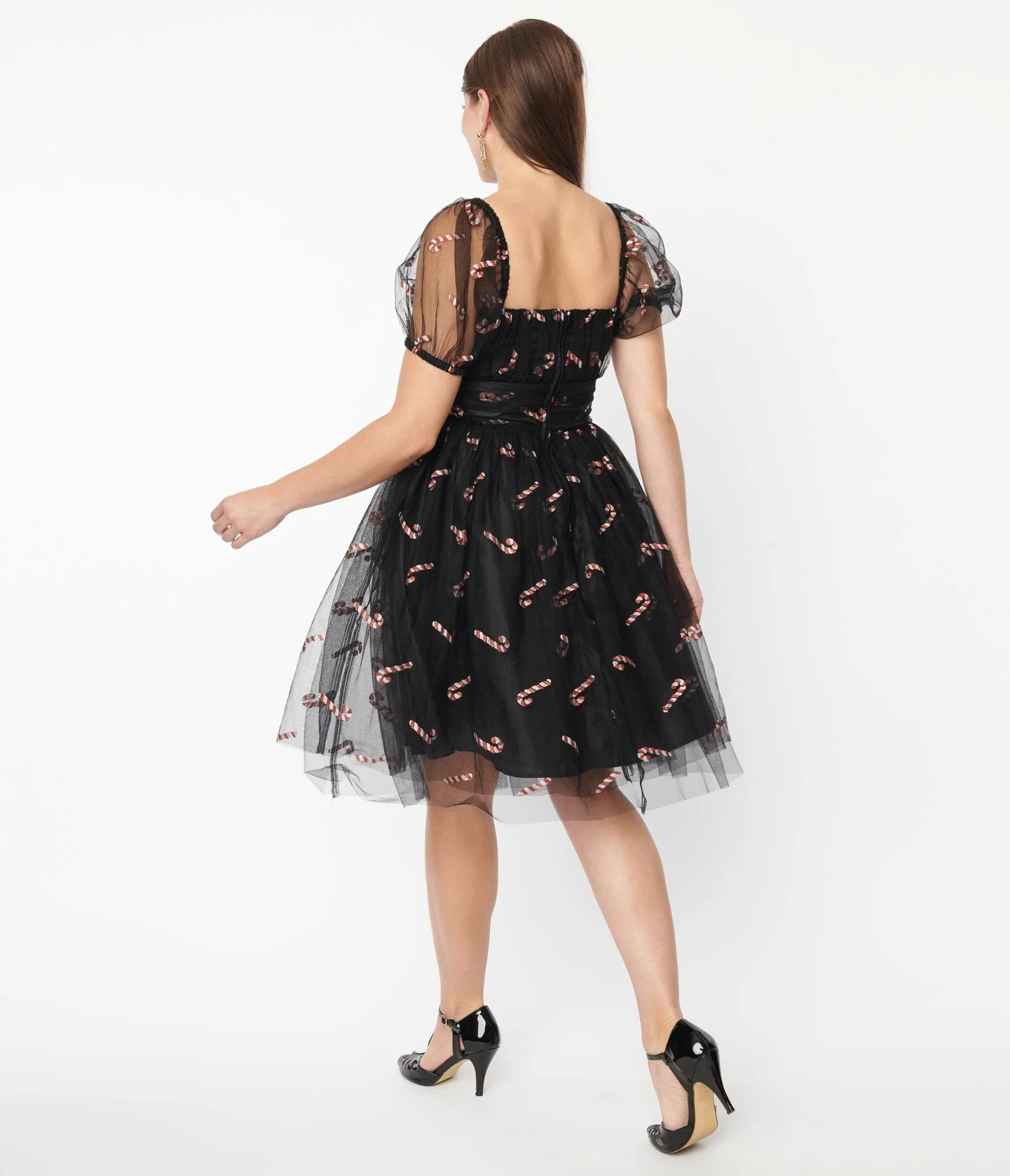 Unique Vintage Black & Glitter Candy Canes Babydoll Dress - Image 3