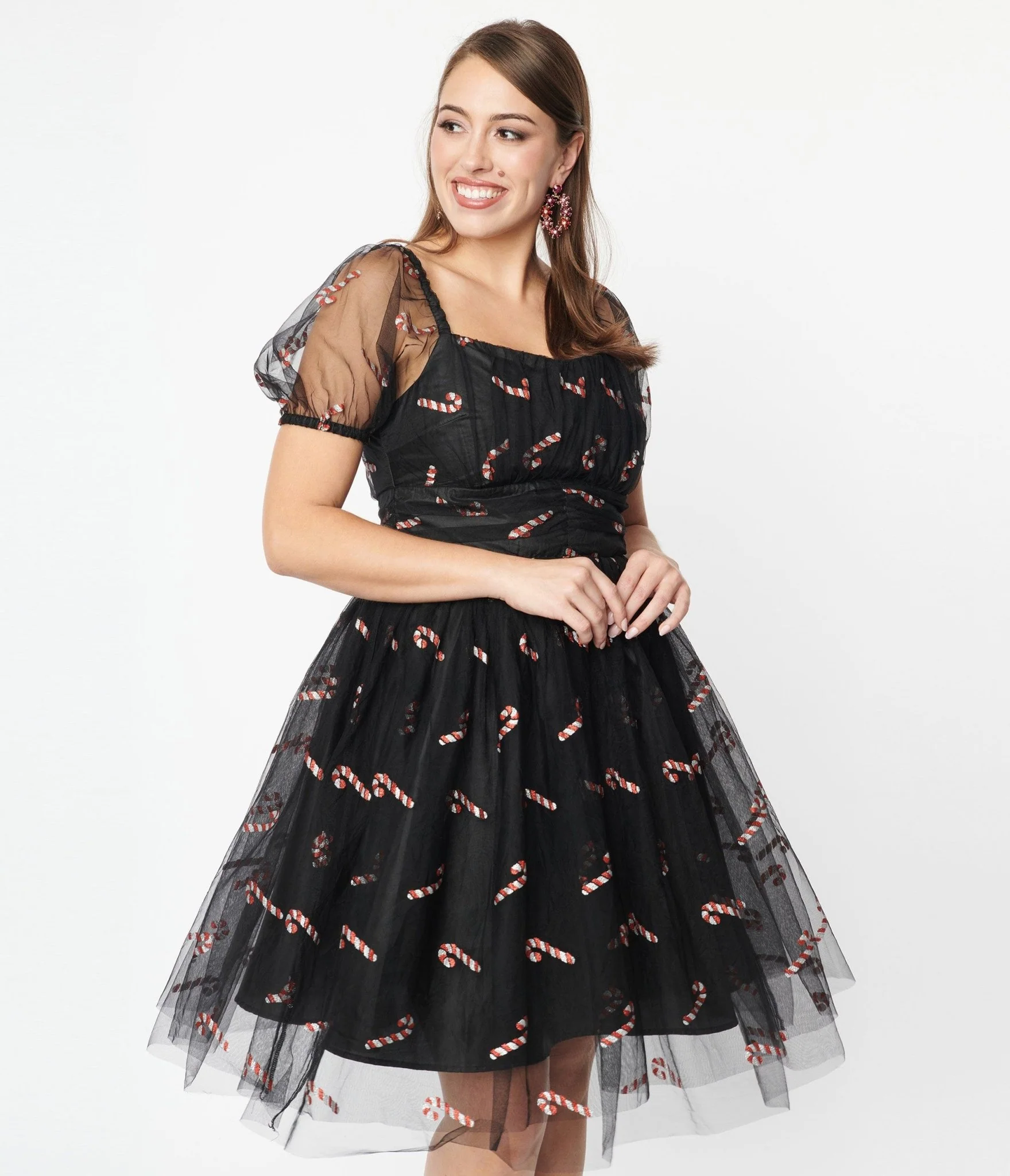 Unique Vintage Black & Glitter Candy Canes Babydoll Dress - Image 4