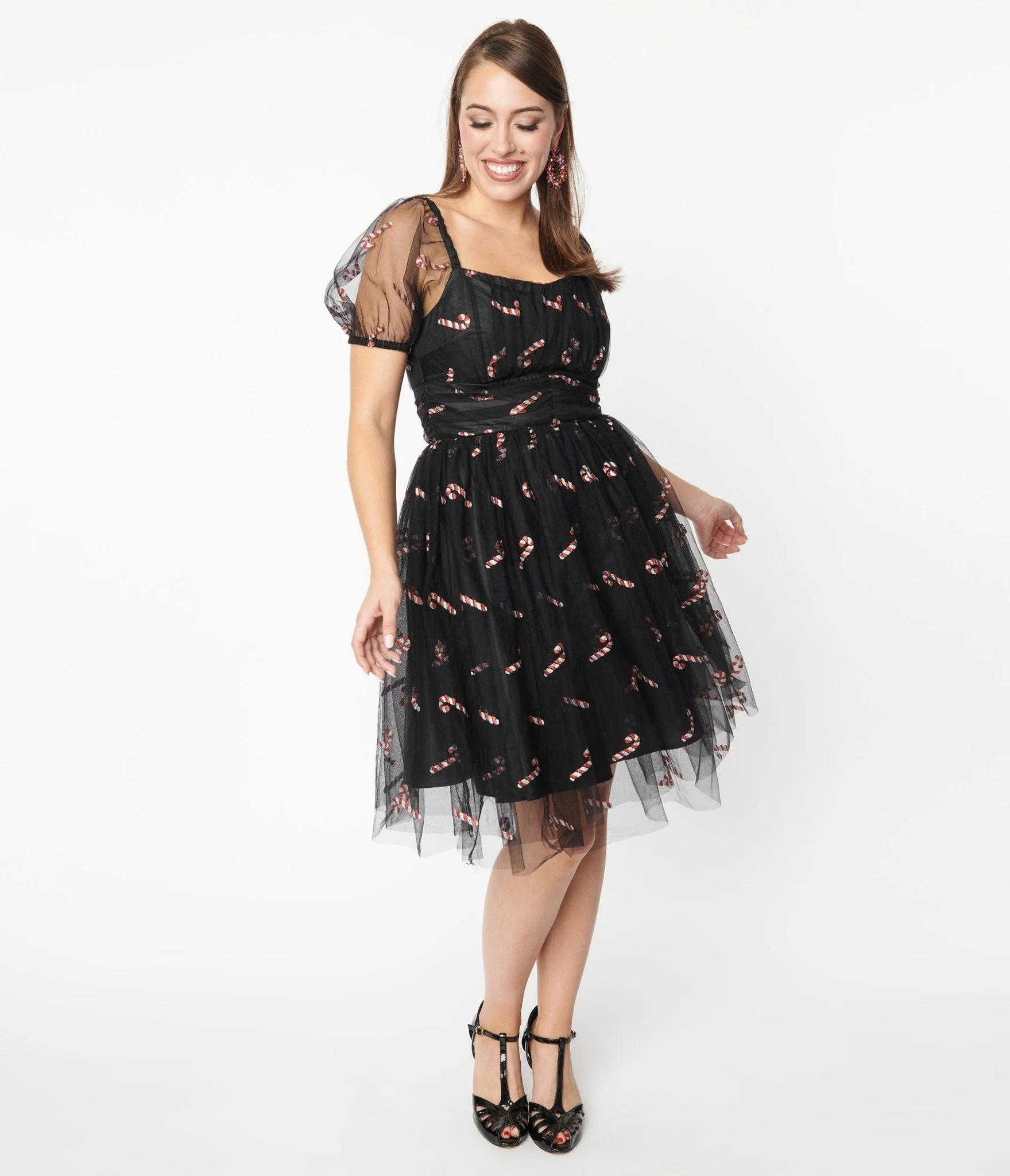 Unique Vintage Black & Glitter Candy Canes Babydoll Dress - Image 5