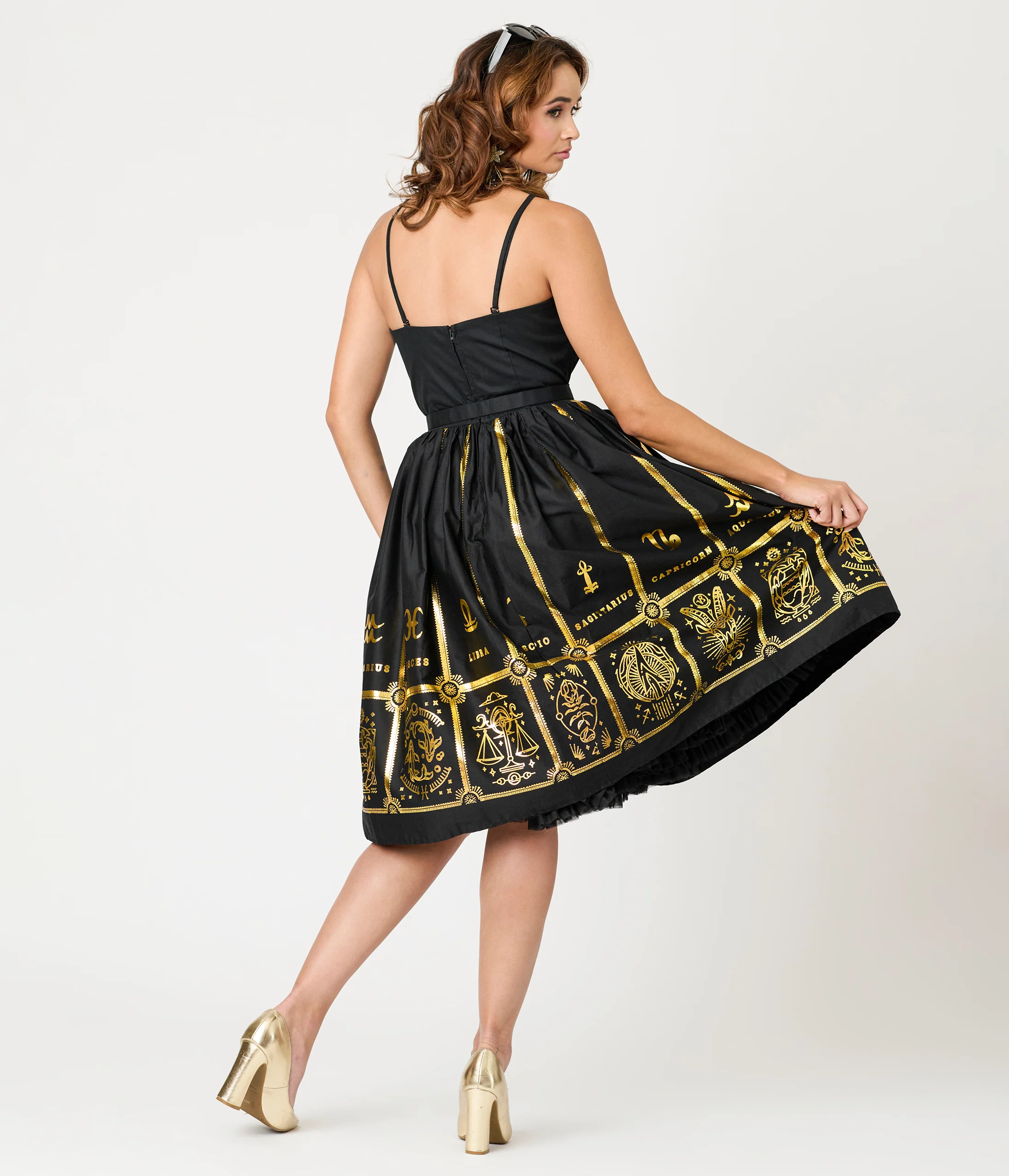 Unique Vintage Black & Gold Astrological Chart Sweetheart Halter Swing Dress - Image 2