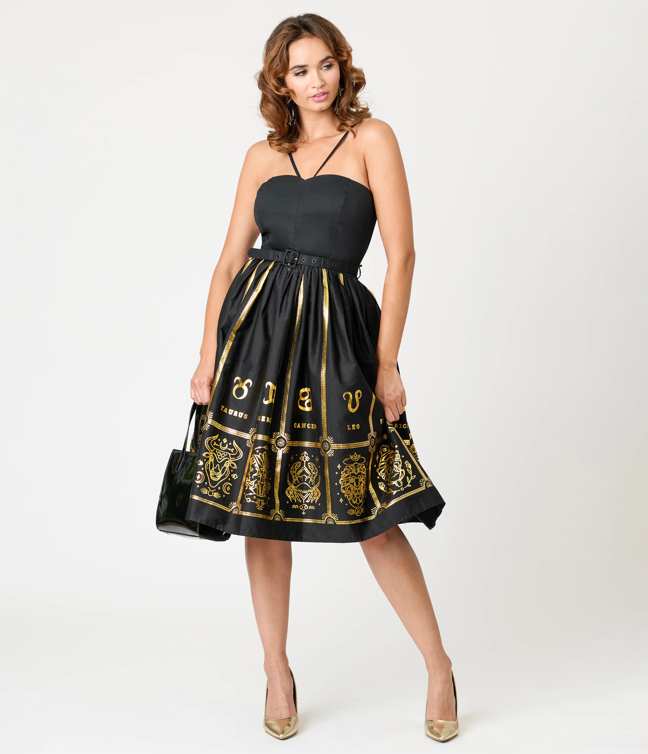 Unique Vintage Black & Gold Astrological Chart Sweetheart Halter Swing Dress - Image 3