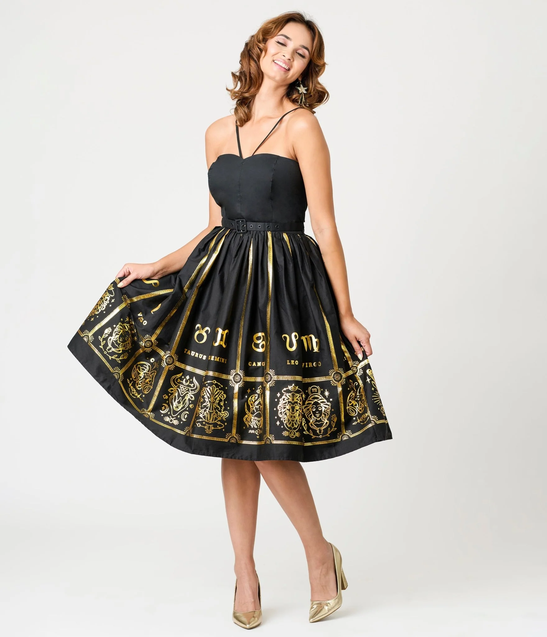Unique Vintage Black & Gold Astrological Chart Sweetheart Halter Swing Dress - Image 4