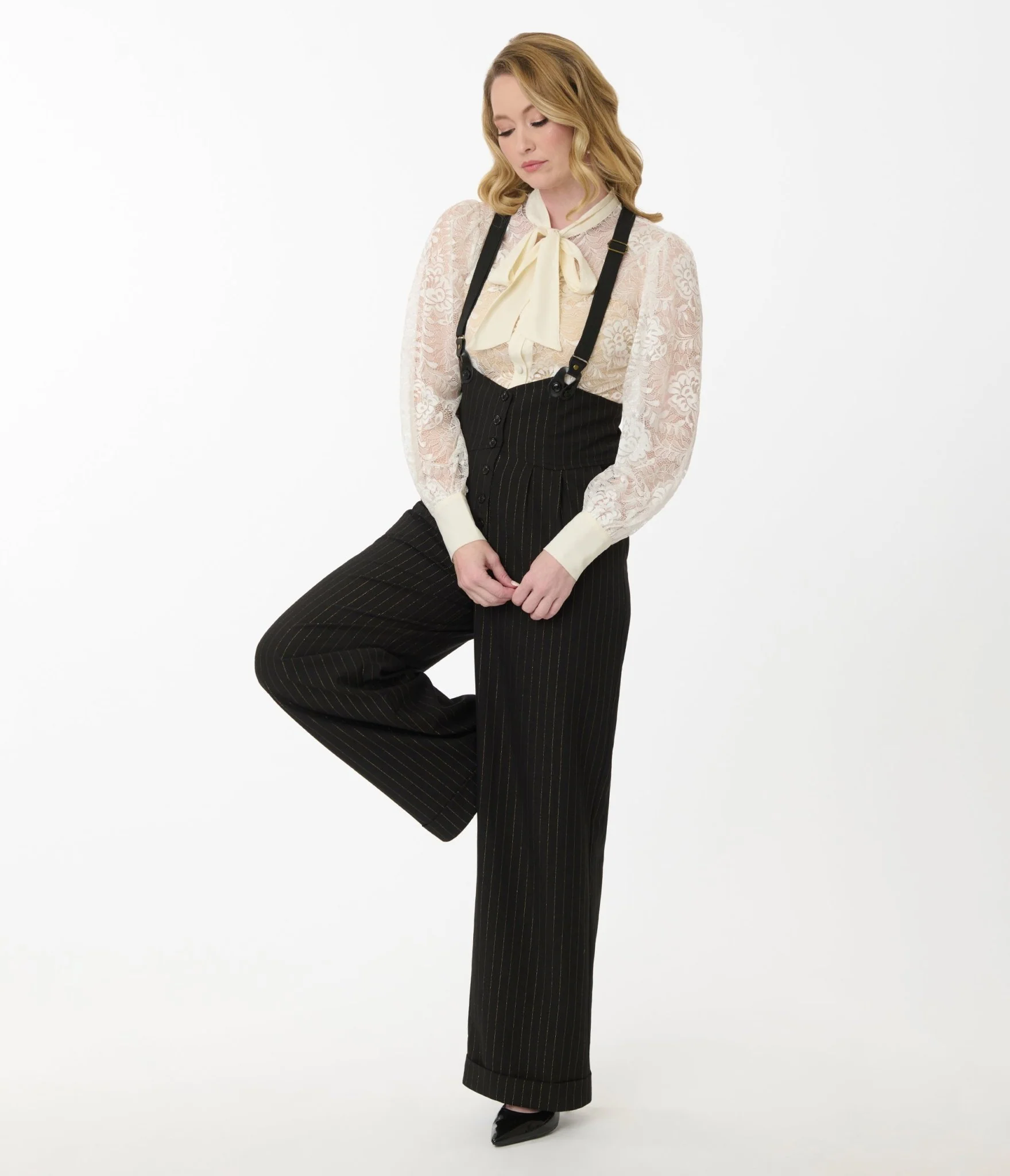 Unique Vintage Black & Gold Pinstripe Thelma Suspender Pants