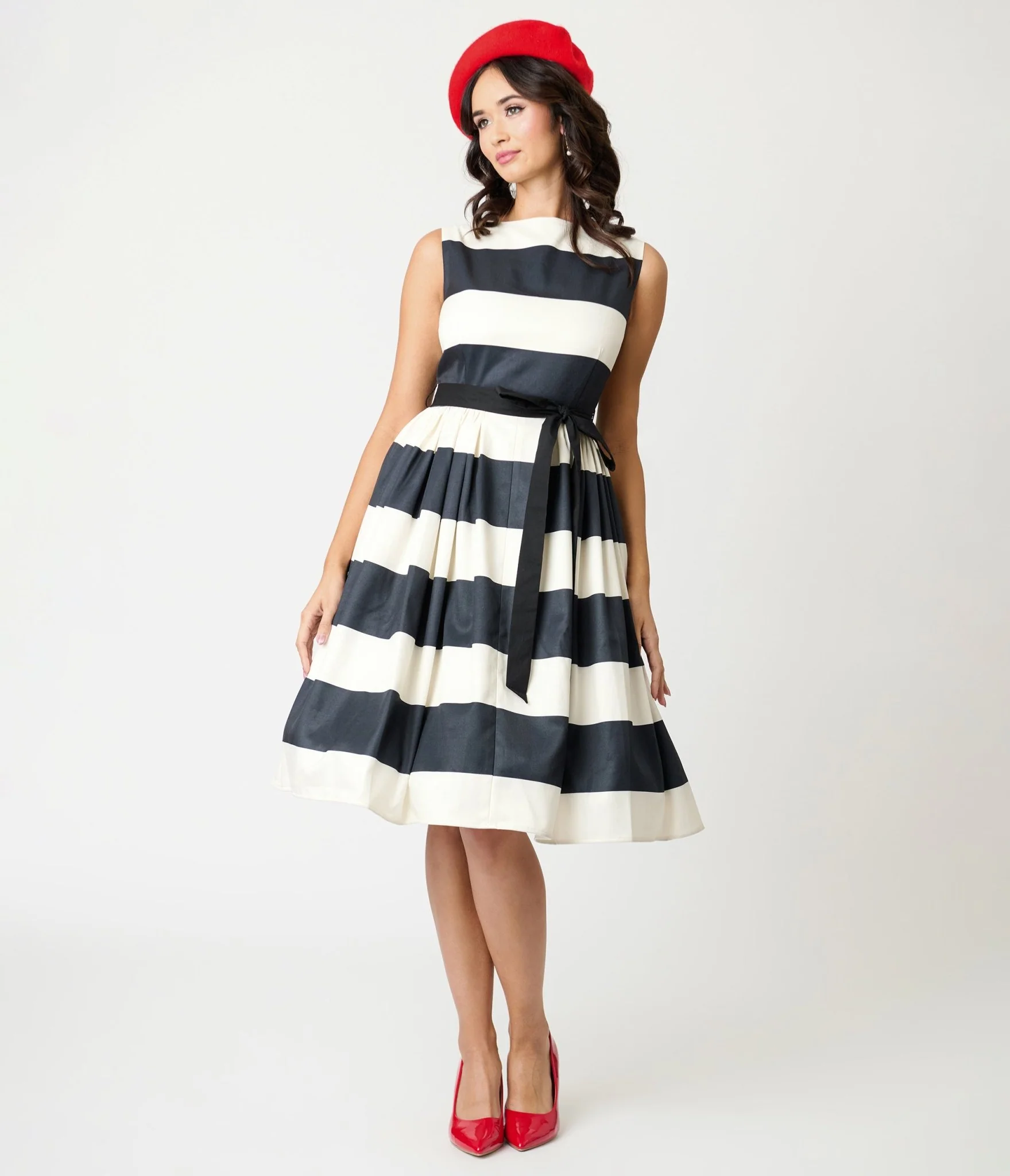 Unique Vintage Black & Ivory Stripe Swing Dress - Image 3