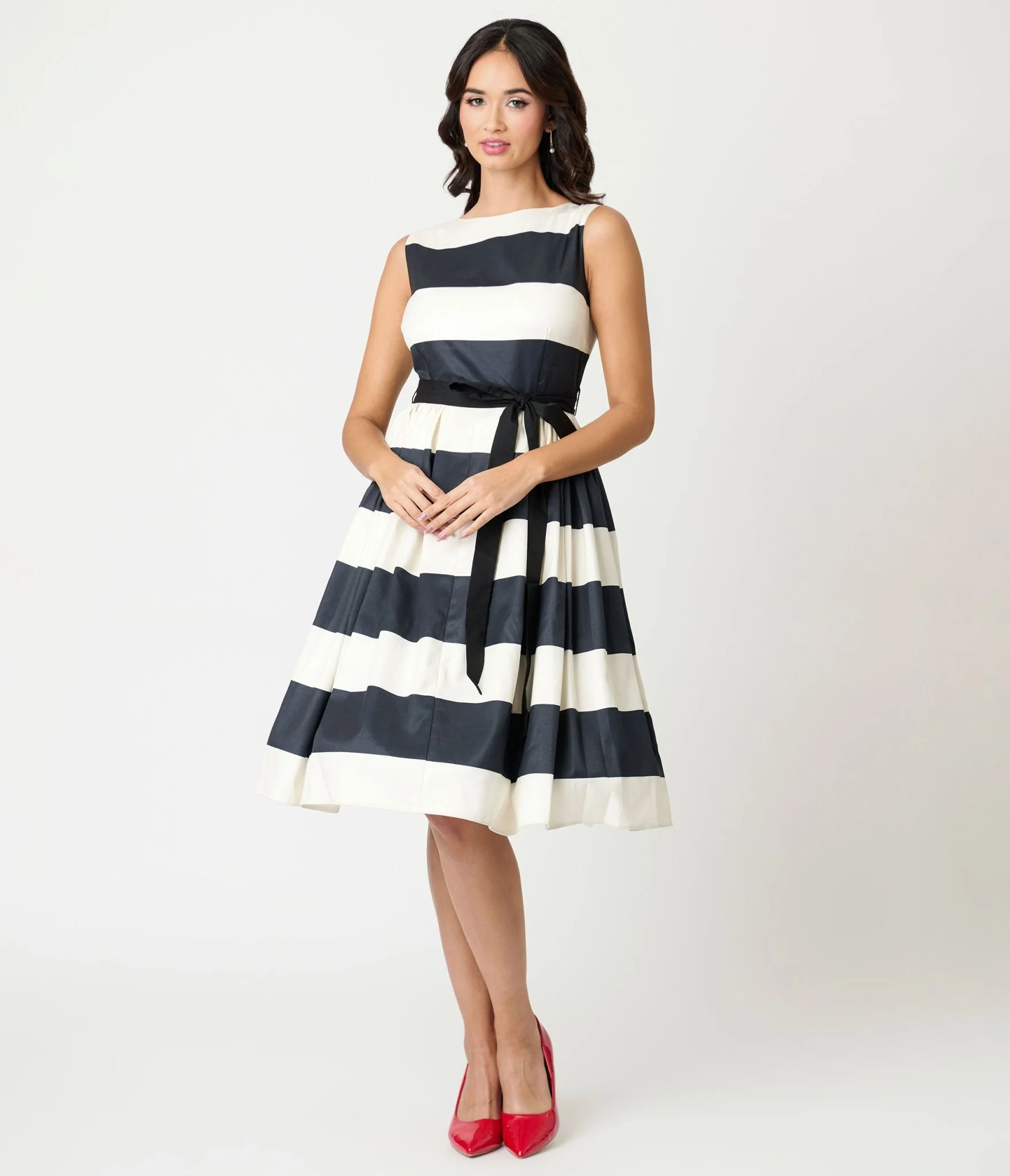 Unique Vintage Black & Ivory Stripe Swing Dress - Image 4