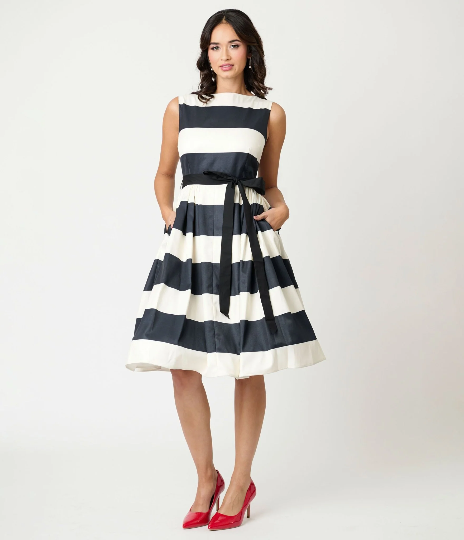 Unique Vintage Black & Ivory Stripe Swing Dress - Image 5