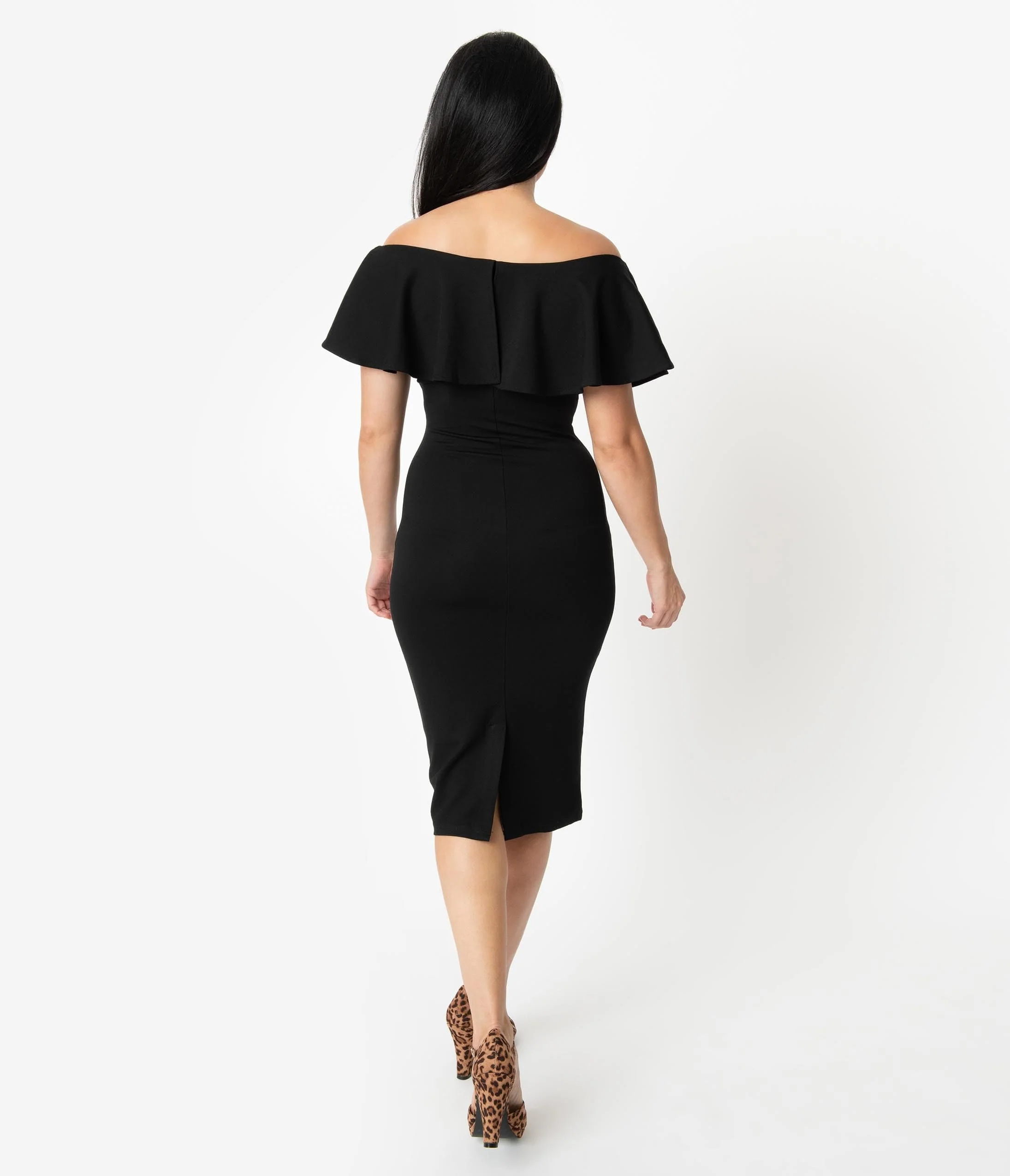 Unique Vintage Black Knit Ruffle Sophia Wiggle Dress - Image 2