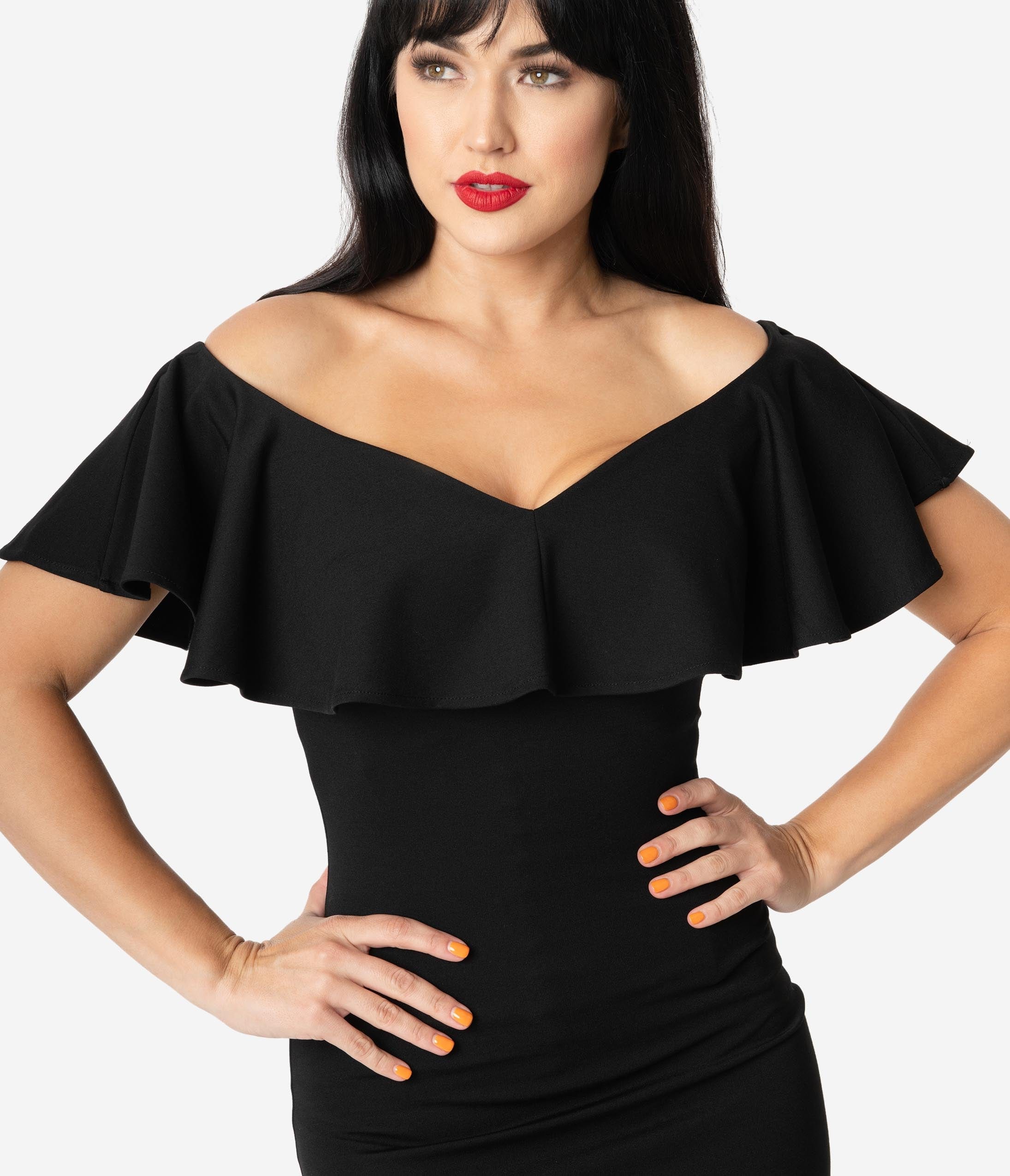 Unique Vintage Black Knit Ruffle Sophia Wiggle Dress - Image 3
