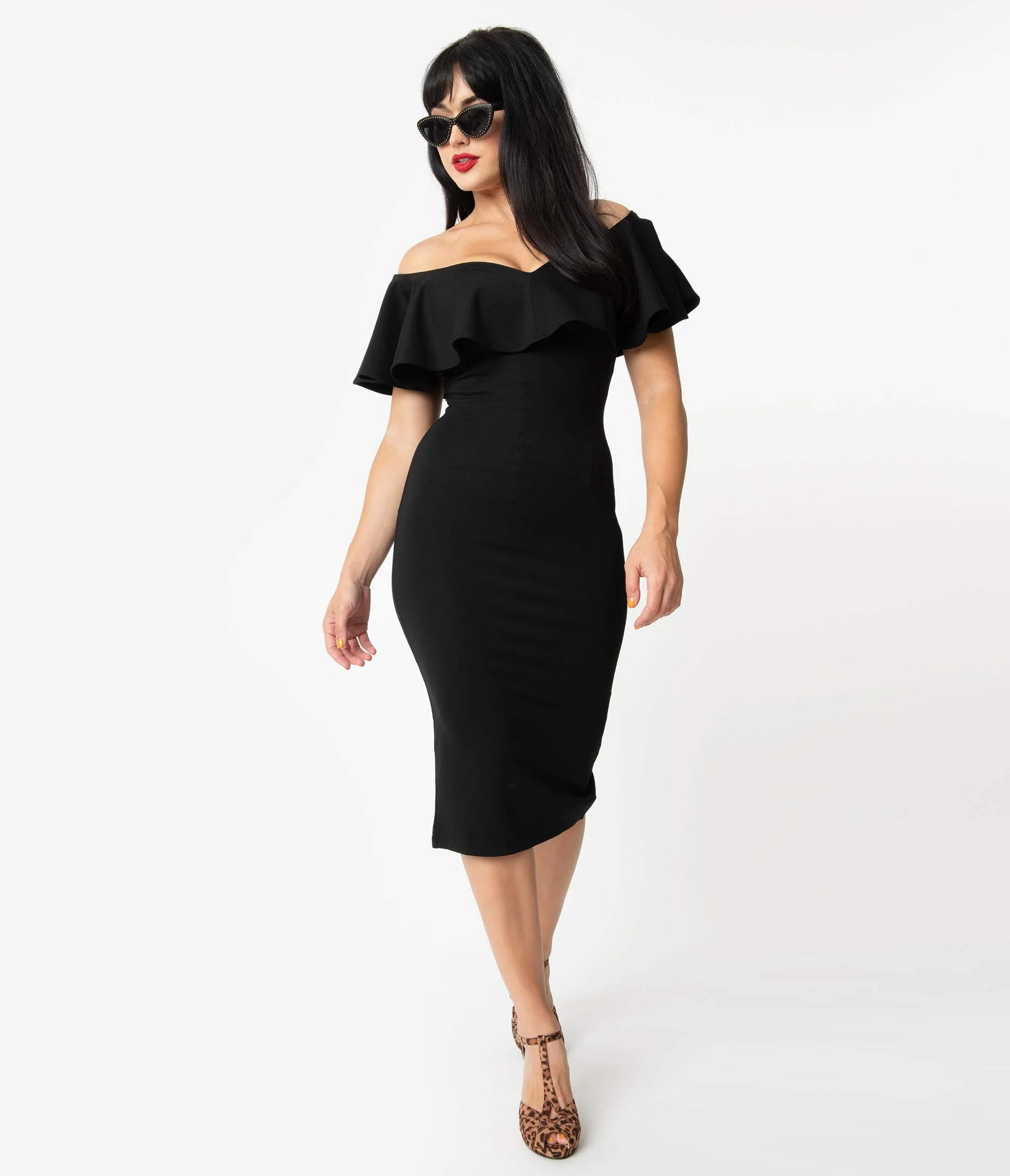 Unique Vintage Black Knit Ruffle Sophia Wiggle Dress - Image 4