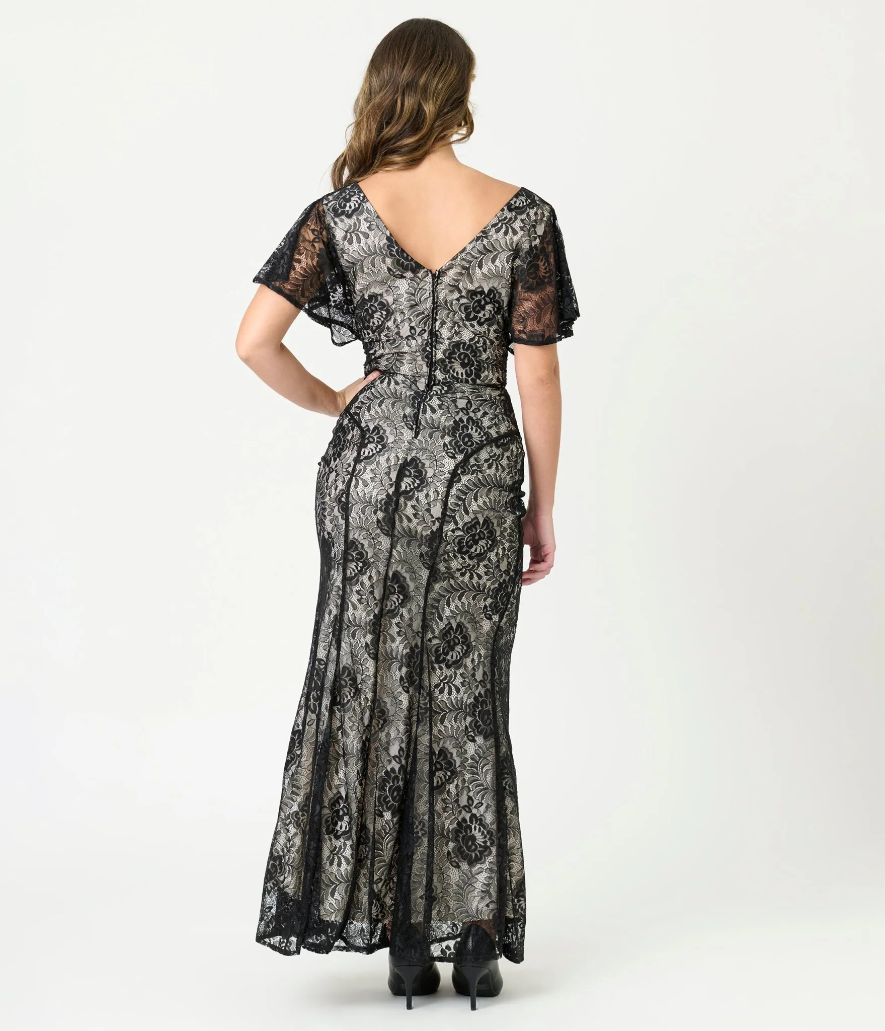 Unique Vintage Black Lace & Nude Lining Flutter Sleeve Gown - Image 2