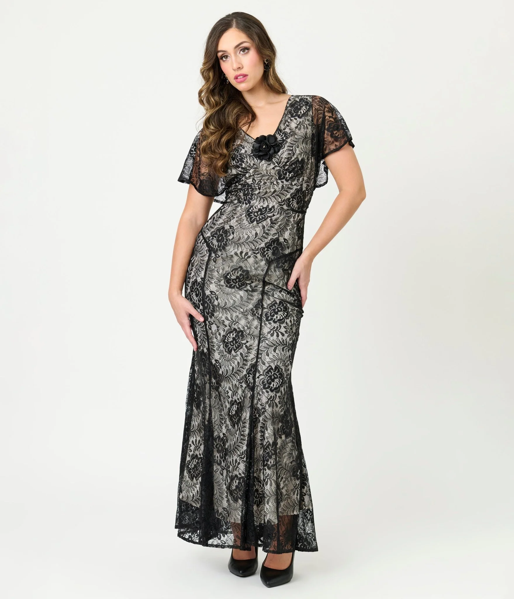 Unique Vintage Black Lace & Nude Lining Flutter Sleeve Gown - Image 3